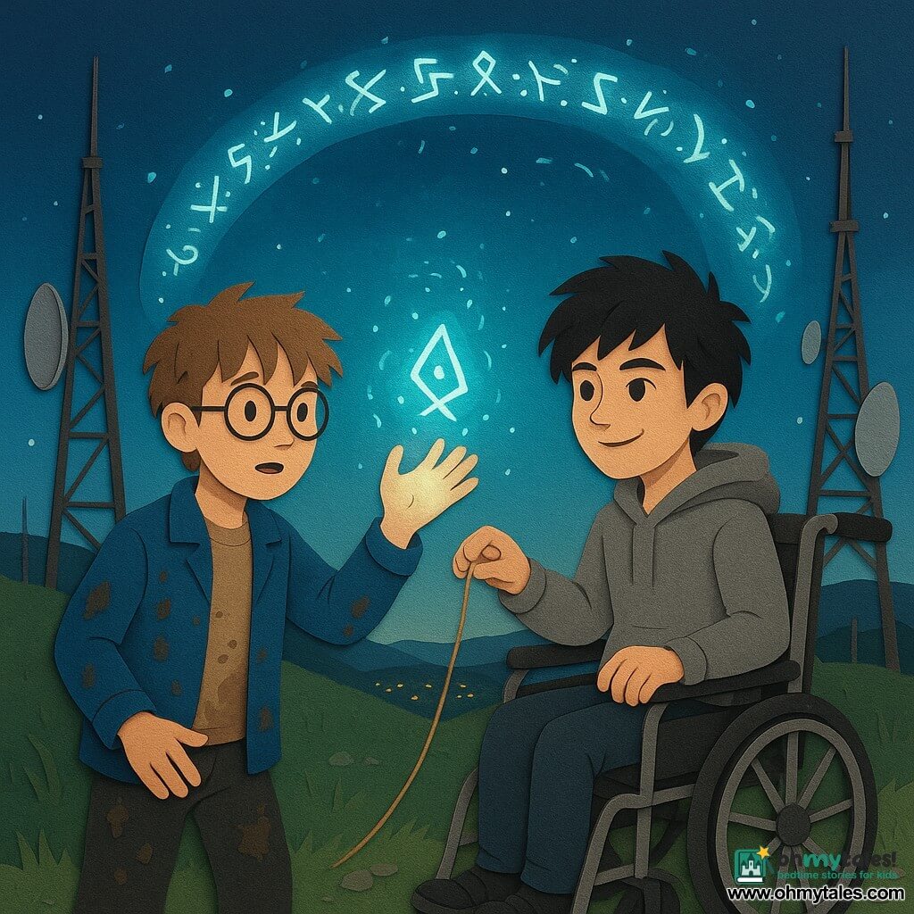 Two boys, about 11: one with messy chestnut hair, round glasses and a blue mud-stained jacket holds an open palm toward a glowing rune sparkling on his hand, standing front left; the other with tousled black hair in a gray hoodie sits in a manual wheelchair at front right, pushing a small improvised pulley and smiling determinedly at the rune. On a hilltop antenna park at dusk—tall thin metal towers, large silver dishes, windblown grass, gravel path and distant city lights—above them a light bridge like a floating path emits ribbons of teal and white runes. The boys join gestures to stabilize a luminous tear in the air: swirling runes form a net to "sew" a bright rip shut while black sparkling shards are repelled and the light pulses, a softly heroic tense atmosphere with contrasting colors (silvery metal, deep blue sky, bright green-white runes) and visible cut-paper textures, sharp edges and cast shadows.