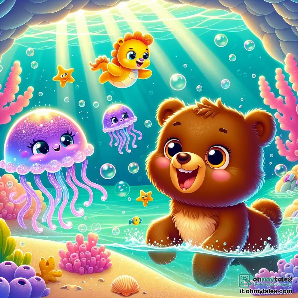 Un piccolo orso bruno di nome Tobia, con grandi occhi rotondi e un sorriso gioioso, nuota con entusiasmo in un'acqua turchese scintillante. Il suo pelo è leggermente bagnato e brilla sotto i raggi del sole. Accanto a lui, una piccola medusa viola di nome Lella, con tentacoli traslucidi e un volto sorridente, galleggia graziosamente, illuminando l'acqua intorno. Un cavalluccio marino giallo di nome Pippo, con occhi curiosi e una piccola corona di corallo sulla testa, nuota proprio dietro di loro, guardando con ammirazione. Sullo sfondo si trova una grotta sottomarina magica, con pareti di corallo rosa e pesci colorati che nuotano gioiosamente. Bolle d'aria danzano nell'acqua chiara, e stelle marine dorate si riposano sulla sabbia. La scena principale mostra Tobia e i suoi amici mentre costruiscono un muro di conchiglie e coralli per proteggere un tesoro brillante, con riflessi di luce che scintillano intorno a loro, creando un'atmosfera di avventura e amicizia.