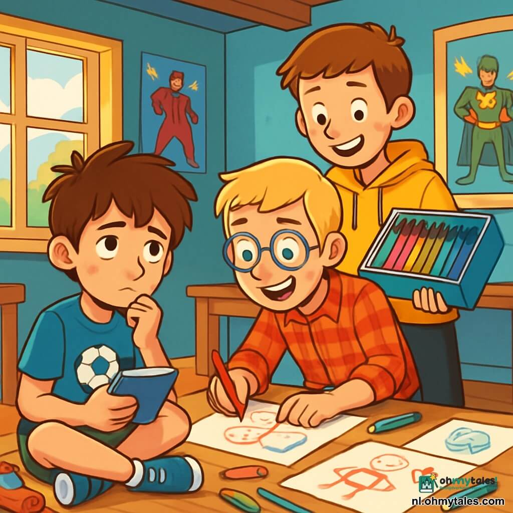Er zijn 3 personages: Sem: een 10-jarig jongen met rommelig bruin haar en hazelnootkleurige ogen. Hij draagt een blauwe t-shirt met een voetbaltekening en een groene korte broek. Sem zit op de grond met gekruiste benen, met een klein notitieboekje in zijn handen, er peinzend uitziend. Bram: een 10-jarig jongen met blond haar en ronde brillen. Hij draagt een rood geruit overhemd en een spijkerbroek. Bram zit naast Sem, leunt naar voren met een grote glimlach en tekent op een vel papier. Koen: een 10-jarig jongen met kastanjebruin haar en sproeten. Hij draagt een gele hoodie en een zwarte broek. Koen staat achter Sem en Bram, met een grote doos kleurpotloden in zijn handen, klaar om hen te helpen met tekenen. De locatie is een kleurrijke clubhuis, met lichtblauwe muren en superheldenposters aan de muur. Er is een grote houten tafel in het midden, bedekt met vellen papier, potloden en speelgoed. Een raam laat zonlicht binnen, waardoor de kamer verlicht wordt en een warme, gastvrije sfeer creëert. De belangrijkste situatie toont Sem, Bram en Koen die samen aan een project werken, op zoek naar een plan om Sem te helpen zijn emoties te verwerken na de scheiding van zijn ouders. Ze zijn gefocust, verbonden door hun vriendschap en omringd door tekeningen en troostende woorden, die hun wederzijdse steun symboliseren.