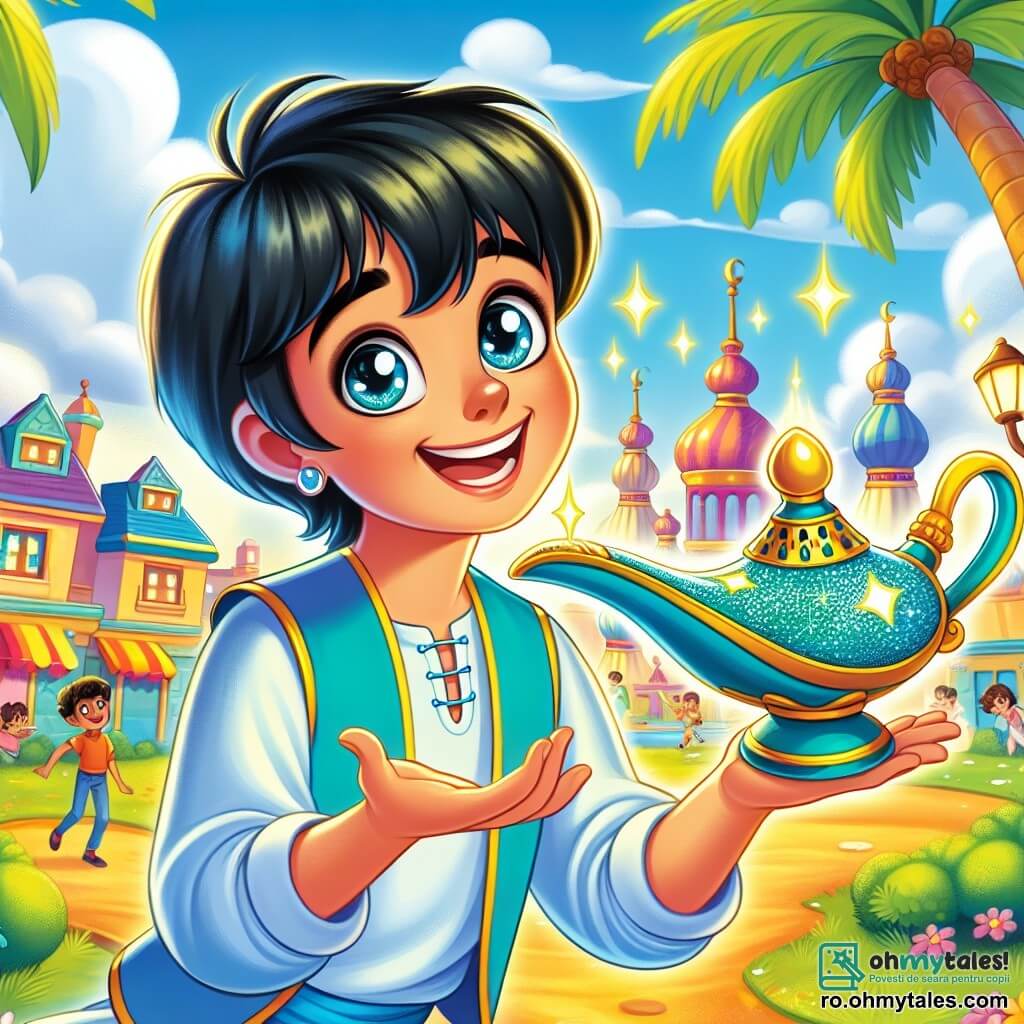 Aladdin, un băiat de 12 ani cu părul negru și ochi plini de curiozitate, stă în centrul scenei, zâmbind strălucitor în timp ce descoperă o lampă magică strălucitoare. Poartă haine colorate, un veston albastru viu și pantaloni ușori, care flutură ușor în vânt. Lângă el, Duhul Pădurii, o creatură majestuoasă de aproximativ 3 metri înălțime, cu piele smarald și ochi strălucitori ca stelele, plutește în aer, înconjurat de frunze aurii și flori luminoase. El îi zâmbește călduros lui Aladdin, pregătit să-i îndeplinească dorințele. Fundalul este un peisaj fermecător din Agrabah, cu palmieri înalți, clădiri colorate și un cer albastru azuriu presărat cu nori pufoși. Departe, se văd copii jucându-se vesel într-un parc verde, adăugând viață scenei. Situația principală îl arată pe Aladdin, uimit, frecând lampa magică, în timp ce Duhul Pădurii iese cu strălucire, pregătit să-i ofere trei dorințe, simbolizând începutul unei aventuri extraordinare.