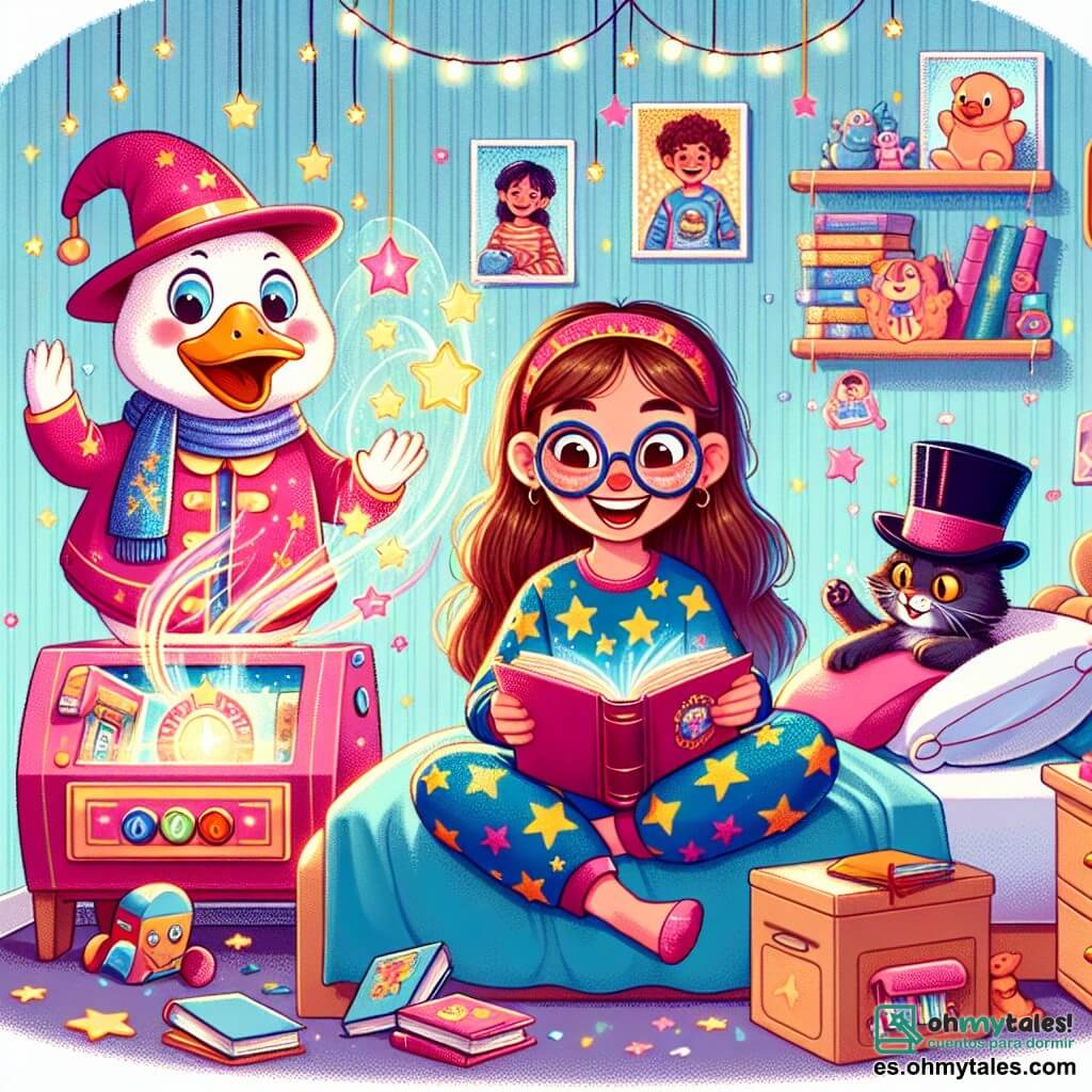 Una niña de 12 años, Valentina, con largos cabellos castaños y gafas redondas, está sentada en su cama, con los ojos brillantes de alegría y sorpresa. Lleva un pijama colorido con estrellas y sostiene un libro abierto en sus manos, riendo a carcajadas. A su lado, un gran pato rosa, el Pato Humorista, con un sombrero de mago y una gran sonrisa, hace gestos cómicos, mientras que un gato negro con un sombrero de copa, de aproximadamente 5 años, se esconde detrás de un cojín, listo para hacer un truco de magia. La escena ocurre en la habitación de Valentina, llena de juguetes, libros y luces centelleantes, con paredes pintadas de azul claro y pósters de sus héroes favoritos. En el centro de la imagen, la máquina de sueños, una gran invención colorida con botones luminosos y cables que sobresalen, emite un ligero humo de colores, mientras que destellos de confeti flotan en el aire, creando un ambiente alegre y mágico.