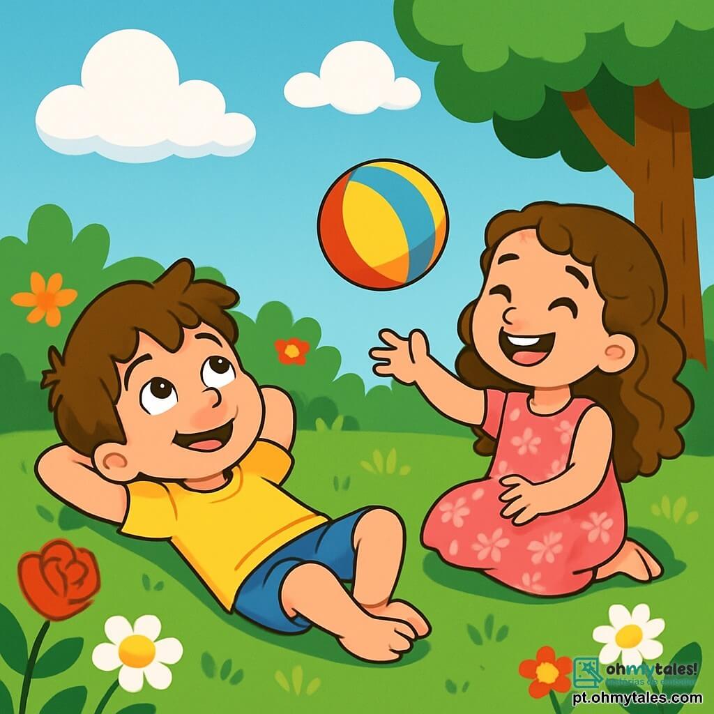 Um menino de 6 anos, Tomás, com cabelos castanhos bagunçados e um grande sorriso alegre, está deitado na grama verde do jardim, olhando para as nuvens. Ele usa uma camiseta amarela vibrante e shorts azuis, e seus olhos brilhantes mostram seu encantamento. Ao lado dele, sua melhor amiga Inês, uma menina de 6 anos com cabelos longos e cacheados, veste um vestido rosa com flores. Ela ri enquanto lança uma bola colorida para Tomás, que está sentado de pernas cruzadas. O jardim está cheio de flores vibrantes, como rosas vermelhas e margaridas brancas, e uma grande árvore sombreada oferece um abrigo fresco. O céu é de um azul brilhante, salpicado de nuvens brancas e fofas. Nesta cena, Tomás e Inês se divertem brincando juntos, rindo e aproveitando o calor do sol de verão, criando memórias alegres e despreocupadas.
