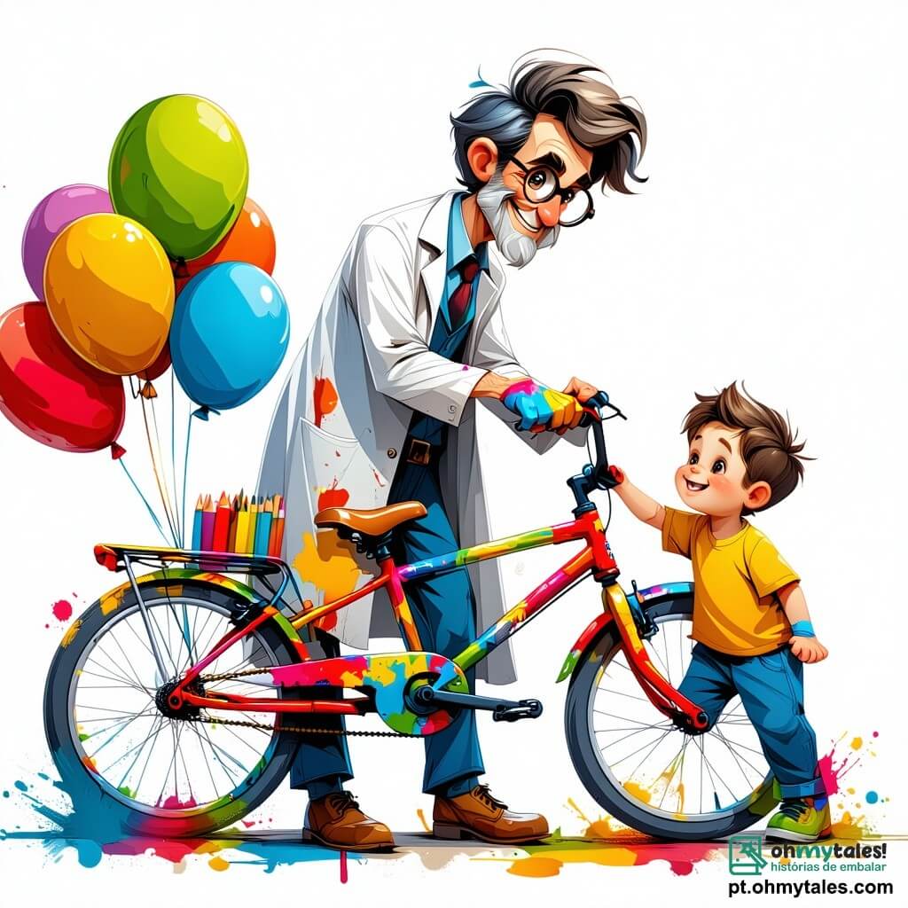 O personagem principal é um homem, o Professor Zeca, um inventor de cerca de 50 anos, com cabelos desgrenhados e óculos redondos que escorregam pelo nariz. Ele usa um jaleco de laboratório cheio de manchas de tinta e graxa, e tem um sorriso entusiasmado enquanto ajusta uma grande bicicleta colorida, adornada com balões. Ao seu lado está Léo, um garoto de 9 anos, com cabelos castanhos e olhos curiosos. Ele veste uma camiseta listrada e um short, segurando um caderno de esboços, pronto para desenhar as ideias que surgem em sua mente. A cena ocorre em um laboratório caótico, repleto de máquinas estranhas, planos espalhados sobre mesas de madeira e frascos com peças mecânicas. Engrenagens e ferramentas estão penduradas nas paredes, e uma janela deixa entrar a luz do sol, iluminando o ambiente de forma calorosa e criativa. A situação principal mostra o Professor Zeca e Léo testando uma bicicleta voadora, com balões presos à frente. A bicicleta está prestes a decolar, e os dois personagens expressam excitação e antecipação, prontos para viver uma nova aventura juntos.