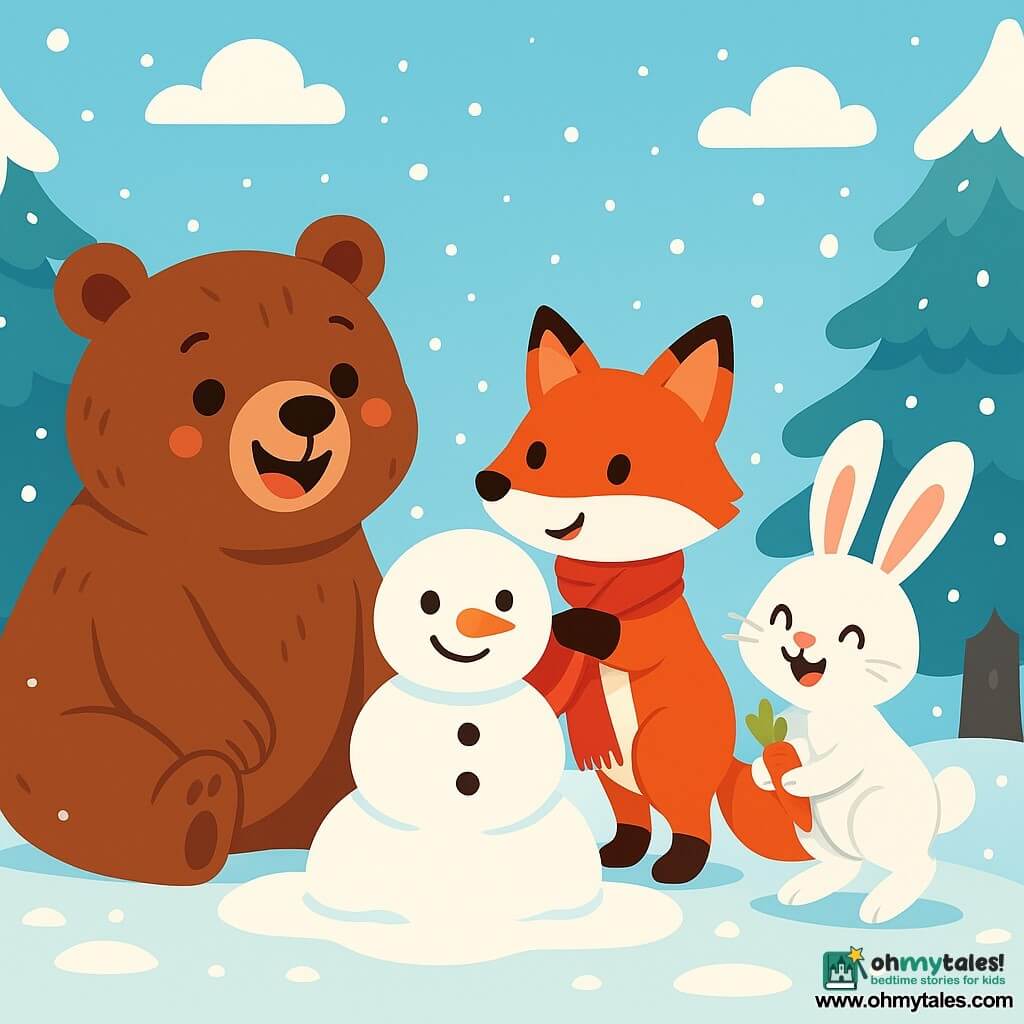 A brown bear with thick, soft fur is sitting on a small hill covered in sparkling snow. It has a big joyful smile and sparkling eyes. Next to it, a bright red-furred fox with a bushy tail looks at the bear with a curious and playful expression, holding a red scarf in its mouth, ready to give it. A white-furred hare with large ears hops joyfully near the bear, holding a small carrot in its front paws and displaying a mischievous smile. The landscape is filled with tall trees laden with snow under a clear blue sky dotted with fluffy white clouds. The bear and its friends are making a snowman, laughing and having fun together, while small snowflakes gently fall around them, adding to the magic of winter.