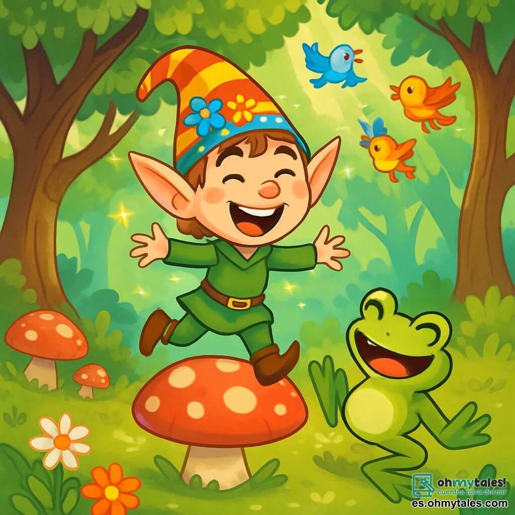 Un pequeño duende travieso, llamado Timo, con orejas puntiagudas y una gran sonrisa pícara, salta alegremente sobre un hongo rojo brillante, sus ojos chispeando de felicidad. Lleva un sombrero colorido adornado con flores y una túnica verde, riendo mientras está rodeado de un aura de magia brillante. A su lado, una gran rana verde llamada Rufi, con ojos redondos y una expresión alegre, intenta saltar pero cae de espaldas, riendo de su propia torpeza. Al fondo, una bandada de pequeños pájaros coloridos revolotea en el aire, cantando alegremente y sumando a la atmósfera festiva. El lugar es el magnífico Bosque de los Susurros, con árboles de troncos retorcidos y hojas brillantes que brillan bajo el sol, flores multicolores esparcidas por el suelo y rayos de luz filtrándose a través de las ramas. La escena principal muestra a Timo y Rufi divirtiéndose juntos, compartiendo risas y juegos, creando una atmósfera alegre y mágica, llena de colores vivos y felicidad contagiosa.