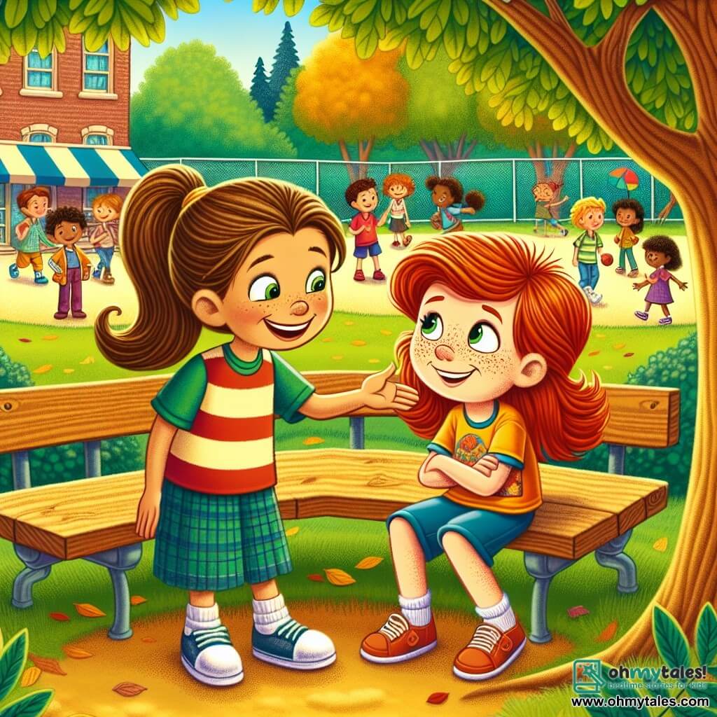 In a peaceful corner of a schoolyard, an 11-year-old girl, Lily, with long brown hair in a ponytail, smiles enthusiastically. Her green eyes shine with friendliness as she reaches out to a new classmate. Next to her, Emma, an 11-year-old girl with bright red hair and freckles, looks at Lily with gratitude. She wears a colorful t-shirt and shorts, her expression a mix of shyness and joy, revealing her growing confidence. The vibrant schoolyard is surrounded by tall trees with autumn-golden leaves, with children playing and laughing in the background. Wooden benches and colorful outdoor games add a cheerful touch. The scene shows Lily and Emma sitting under a large oak tree, sharing stories and laughter, symbolizing their new friendship and the importance of tolerance.