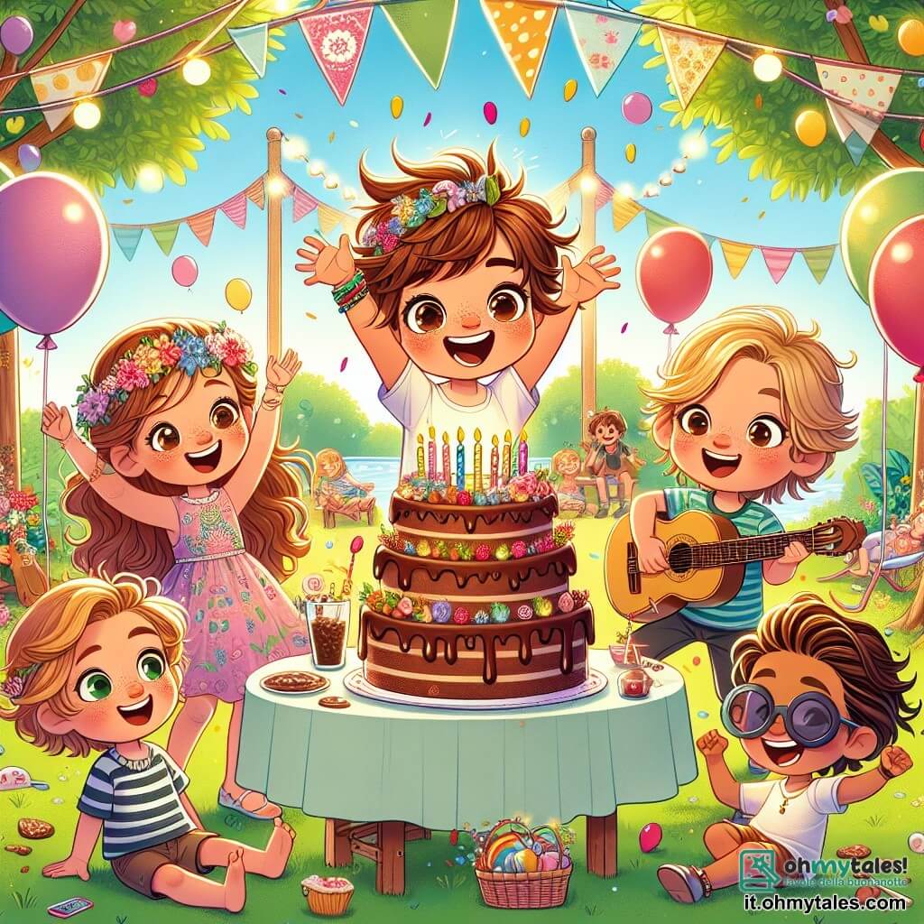 Al centro dell'immagine, Luca, un ragazzo di 8 anni con i capelli castani disordinati e occhi brillanti, sorride felicemente tenendo in mano una fetta di torta al cioccolato. A destra, Marco, un ragazzo di 9 anni con capelli biondi e occhiali rotondi, alza le braccia in segno di festa per l'anniversario del suo amico. A sinistra, Caterina, una ragazza di 8 anni con capelli lunghi e ricci, indossa una corona di fiori e canta gioiosamente con un grande sorriso. Sullo sfondo, Giulia, una ragazza di 7 anni con trecce e un vestito colorato, suona la chitarra, mentre Mattia, un ragazzo di 8 anni con occhiali da sole sulla fronte, balla con entusiasmo. Il decor è un parco verdeggiante, pieno di palloncini colorati che fluttuano nell'aria e festoni appesi agli alberi. Una grande tavola è imbandita con una magnifica torta di compleanno decorata con candele scintillanti, circondata da risate e giochi. La scena principale mostra i bambini che festeggiano il compleanno di Luca, creando un'atmosfera gioiosa e festosa, piena di colori vivaci ed energia.