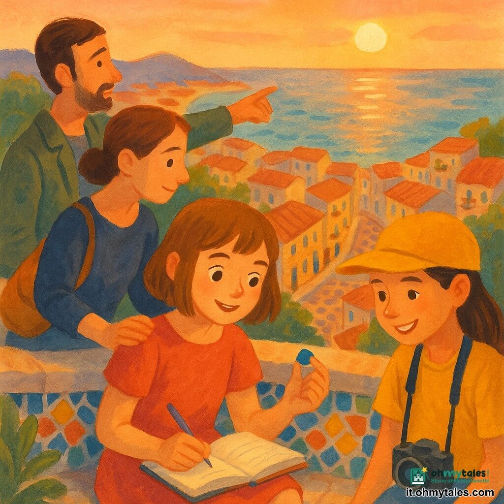 Ragazza di circa 12 anni, nostalgica e serena, occhi lucenti, sorriso dolce, capelli castano chiaro a caschetto, seduta su un muretto in pietra con in mano una piccola tessera di ceramica blu e un taccuino aperto sulle ginocchia; accanto a destra Núria, coetanea con berretto giallo e macchina fotografica al collo, sorride guardando la tessera; dietro a sinistra il padre, uomo di circa 40 anni con leggera barba e giacca kaki, indica una curva di strade; vicino a lui la madre, sui 40 anni, capelli raccolti e borsa leggera, posa una mano rassicurante sul muretto e guarda teneramente la figlia; luogo: belvedere su una città costiera al tramonto con tetti in terracotta, mare scintillante e cielo rosa-arancio, muretto decorato con mosaici colorati e qualche pianta sui balconi; situazione: saluto calmo e intimo, la ragazza contempla la tessera e scrive nel taccuino, atmosfera luminosa; stile: gouache con pennellate marcate, texture visibili, palette calda (corallo, ocra, azzurro), contorni morbidi, contrasti sottili tra ombre violette e luci dorate, resa illustrativa per bambini.
