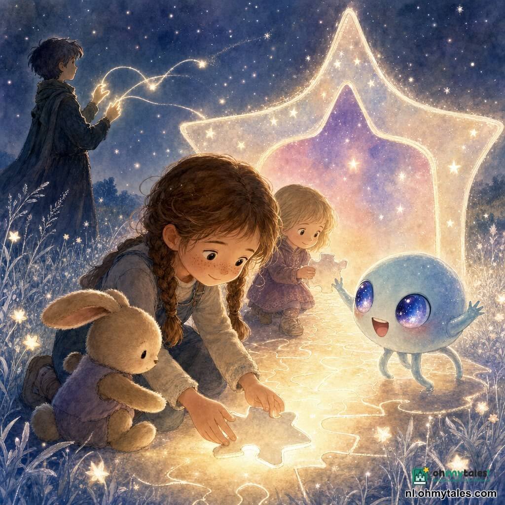 Lina, 6 jaar, rond gezicht en sproeten, zelfverzekerde vriendelijke blik, bruine twee vlechtjes, knielt en legt het laatste stuk van een stervormige puzzel op de lichtgevende grond; Pluis, klein beige knuffelkonijn, tegen haar been, duwt zachtjes met een poot; Miri, klein melkblauw buitenaards wezentje met drie dunne pootjes en grote galaxykleurige ogen, springt blij bij de deur, verwonderd en dankbaar; Noor, ongeveer 6 jaar, kort blond haar, verlegen glimlach, staat achter Lina en helpt een puzzelstuk plaatsen; Kato, lange reiziger met verlichte vingers die lijnen van licht tekenen, staat iets op de achtergrond en gidst het leggen; locatie: nachtelijke open plek met zilverachtig gras, kleine sterrenbloemen, een boog van licht en zwevende lichtstof; scène: warme samenkomst van vrienden die de stukken van een glanzende kaart-puzzel voor een stervormige lichtdeur samenleggen, pastelkleuren en sprankelende accenten, compositie gecentreerd op Lina en de lichtdeur.