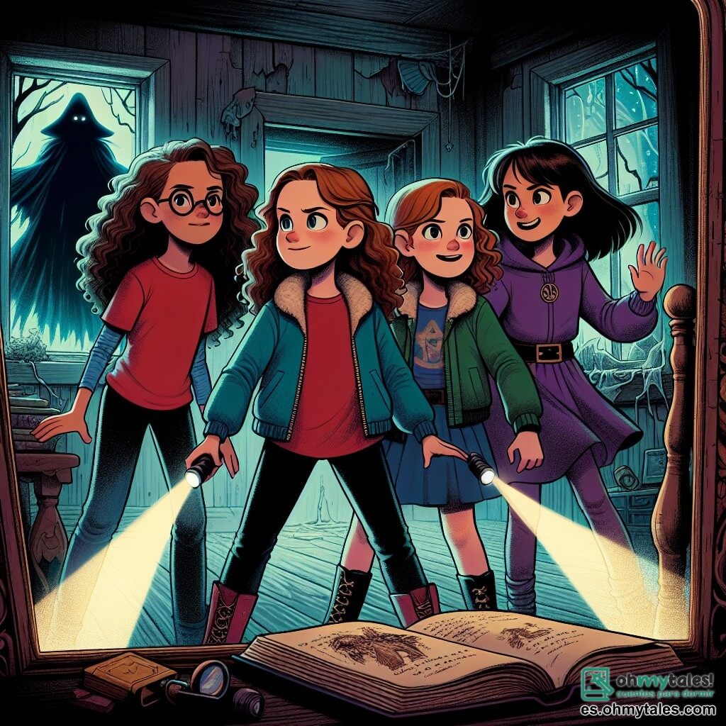 Cuatro chicas valientes, Valeria (12 años, cabello castaño y rizado, con una camiseta roja y jeans), Luna (11 años, cabello rubio y liso, vestida con un vestido azul), Camila (12 años, cabello negro y rizado, con un suéter morado) y Sofía (11 años, cabello castaño recogido en una coleta, con una chaqueta verde), están juntas en una vieja casa abandonada. Se encuentran en el centro de una habitación oscura, rodeadas de paredes de madera deterioradas, con telarañas en las esquinas y un viejo espejo agrietado que refleja una silueta misteriosa. La luz de la linterna de Sofía ilumina un libro antiguo abierto sobre una mesa polvorienta, mientras un viento helado hace temblar las ventanas. Las chicas, con expresiones de determinación y asombro, enfrentan la silueta oscura que emerge del espejo, listas para desafiarla. La escena está llena de una atmósfera de misterio y aventura, con sombras danzantes y destellos de luz que crean un contraste cautivador.