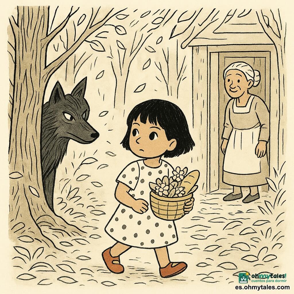 Niña de 6 años, rostro redondo y pelo negro corto, expresión curiosa y decidida, vestido de lunares y zapatos rojos, sostiene una pequeña cesta de pan y flores contra el pecho; abuela de unos 70 años, pelo gris en moño, sonrisa dulce y mirada vigilante, en la puerta de madera observando; lobo grande y delgado, pelaje sombreado, ojos brillantes y pícaros, parcialmente oculto tras un tronco a la izquierda sin mostrar los dientes; sendero estrecho con hojas y raíces, árboles formando un túnel y rayos de luz diagonales; escena: la niña parada mirando al lobo con tensión suave y hojas revoloteando; estilo: line art en tinta fina, alto contraste y texturas para madera y ropa, expresiones claras.
