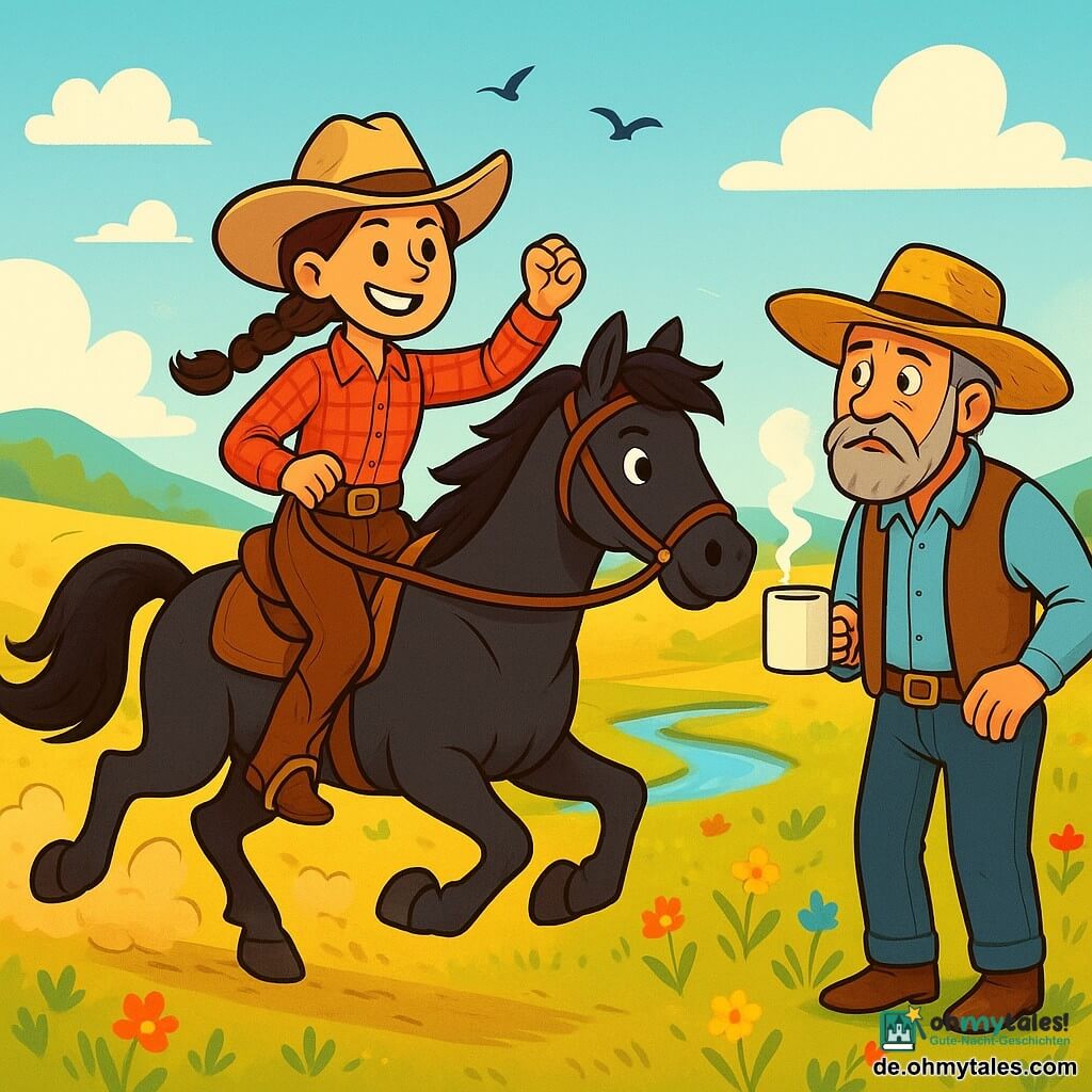 Eine junge Cowboyfrau, Maggie, steht stolz auf einem schwarzen Pferd namens Blitz, mit einem entschlossenen Lächeln im Gesicht. Sie trägt einen beigen Cowboyhut, ein kariertes rotes Hemd und Lederhosen. Ihre braunen Haare sind zu einem Zopf geflochten, der über ihre Schulter fällt. Neben ihr beobachtet ein mittelalter Mann, Mr. Carter, mit einem großen Strohhut und grauem Bart, die Szene besorgt. Er hält eine dampfende Tasse Kaffee und steht nahe bei der Kache, mit einer Hand auf der Hüfte. Die Kulisse ist eine weite goldene Wiese, gesprenkelt mit bunten Wildblumen, unter einem hellblauen Himmel mit einigen weißen Wolken. In der Ferne zeichnen sich sanfte Hügel am Horizont ab, und ein kleiner Bach glitzert in der Sonne. Die Hauptsituation zeigt Maggie, mutig und bereit, sich einer Herausforderung zu stellen, während sie die Kache durch einen leichten Wind führt, mit Staubwolken, die um sie herum aufsteigen, während Vögel über ihren Köpfen fliegen.