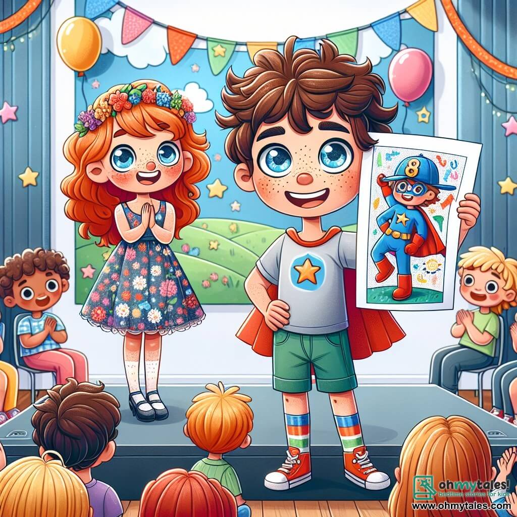 An 8-year-old boy, Max, with curly brown hair and sparkling blue eyes, stands on a talent show stage, smiling widely while holding a colorful drawing of his superhero, Captain Brave. Next to him, an 8-year-old girl, Lily, with red hair and freckles, enthusiastically claps, wearing a pretty floral dress and standing slightly back to encourage Max. In the background, a group of children sits on chairs, all captivated by the presentation, with admiring expressions on their faces. The setting is a classroom decorated with children's drawings, colorful balloons, and streamers, creating a joyful and festive atmosphere. The main scene shows Max, full of confidence, sharing his art with the audience, illustrating the theme of school and self-discovery through creativity.