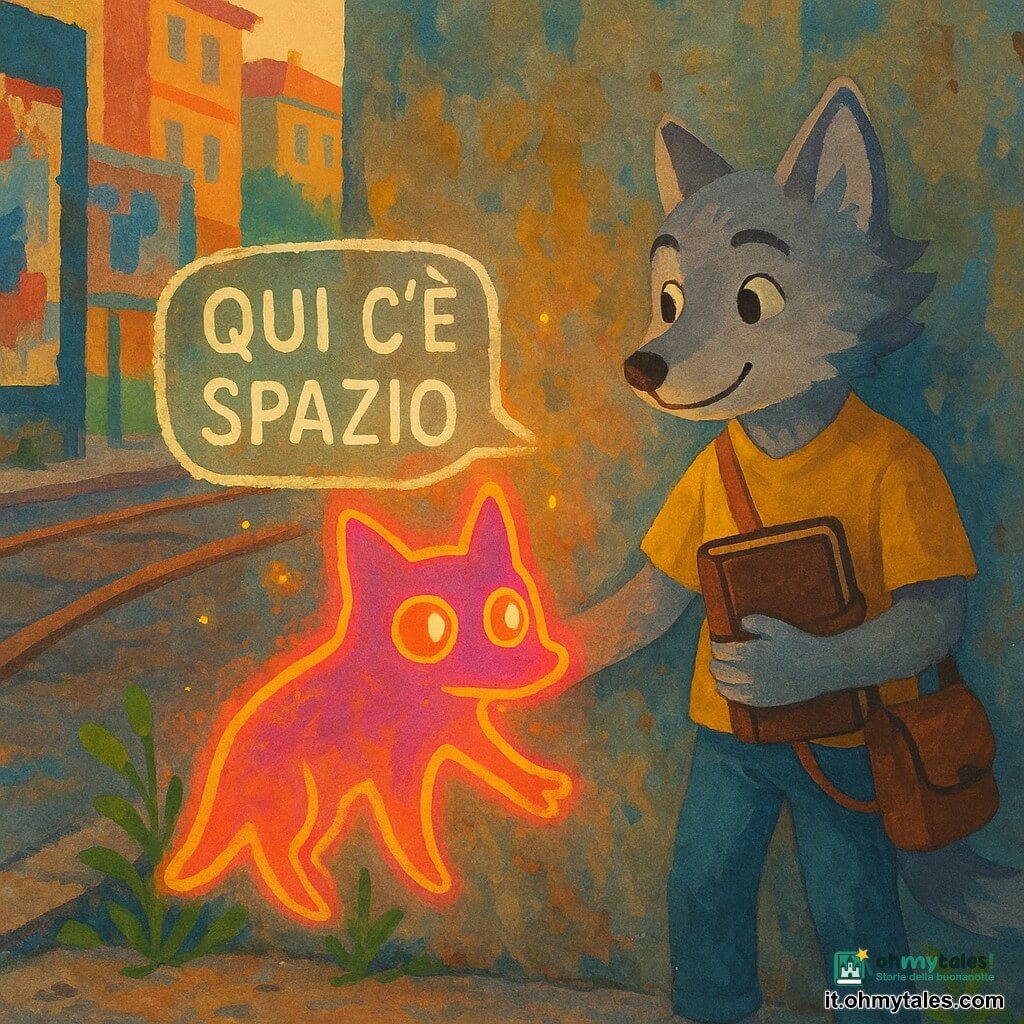 Nilo, piccolo lupo antropomorfo dal pelo grigio cenere, occhi attenti e calmi, tiene un taccuino in pelle scura chiuso da un elastico giallo e sorride rassicurante guardando il muro. RE VANTA, un graffiti divenuto creatura piatta e luminosa con contorni neon rosa e arancione e occhi rame, appare timido e sollevato; si riattacca lentamente al muro come vernice che ritorna al suo posto. La borsa di Nilo pende dalla spalla; la sua zampa destra sfiora quasi il muro guidando RE VANTA. Il muro di cemento, ampio e ruvido, è coperto di vernice secca; sotto la scritta nitida QUI C’È SPAZIO le lettere sono pulite, bianche e leggermente luminose. Intorno binari del tram arrugginiti, cartelloni strappati, erbacce e rovi che spuntano dall'asfalto e qualche scintilla magica nell'aria. Momento di riconciliazione visiva: RE VANTA torna graffiti senza arroganza, Nilo lo accompagna; scena di trasformazione della vanità in accoglienza, luce soffusa, atmosfera urbana e calda.