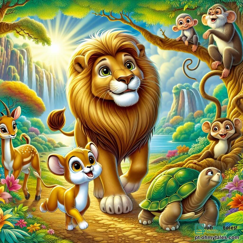 Um leão majestoso chamado Leo, com uma linda juba dourada que brilha ao sol, está no centro da cena. Sua expressão é determinada e corajosa, enquanto ele olha para seus amigos com um sorriso encorajador. À sua direita, uma gazela ágil chamada Gigi, com pelagem castanho claro e grandes olhos curiosos, salta alegremente, pronta para a aventura. À esquerda, um macaco travesso chamado Mico, com pelagem marrom e cauda enrolada, sobe em um galho de árvore, observando a paisagem com entusiasmo. Uma tartaruga doce e sábia, Tula, com uma carapaça verde e olhos amigáveis, está ao lado de Leo, pronta para ajudar. O cenário é uma floresta encantada, cheia de árvores majestosas com folhas vibrantes, flores brilhantes e um suave raio de sol filtrando entre os galhos. Ao longe, uma montanha se ergue, com uma caverna misteriosa que revela um lago cintilante. A situação principal mostra Leo e seus amigos unidos, prontos para buscar água para salvar sua floresta, simbolizando a amizade e a coragem diante da adversidade.