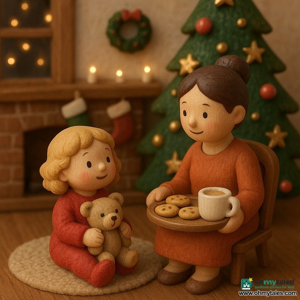 A 2-year-old girl, Rosie, with curly blonde hair and rosy cheeks, is wearing a fluffy red pajama. She sits on a soft rug, holding a cuddly teddy bear, gazing out the window in wonder. Her mom, a woman around 30 with brown hair in a bun, is beside her, holding a tray of cookies and warm milk, smiling tenderly at Rosie. The living room is decorated with twinkling lights and a large Christmas tree adorned with shiny baubles and golden stars. The fireplace in the background has colorful stockings carefully hung. The main scene shows Rosie and her mom sharing a moment of joy and connection in the warm and festive Christmas atmosphere.