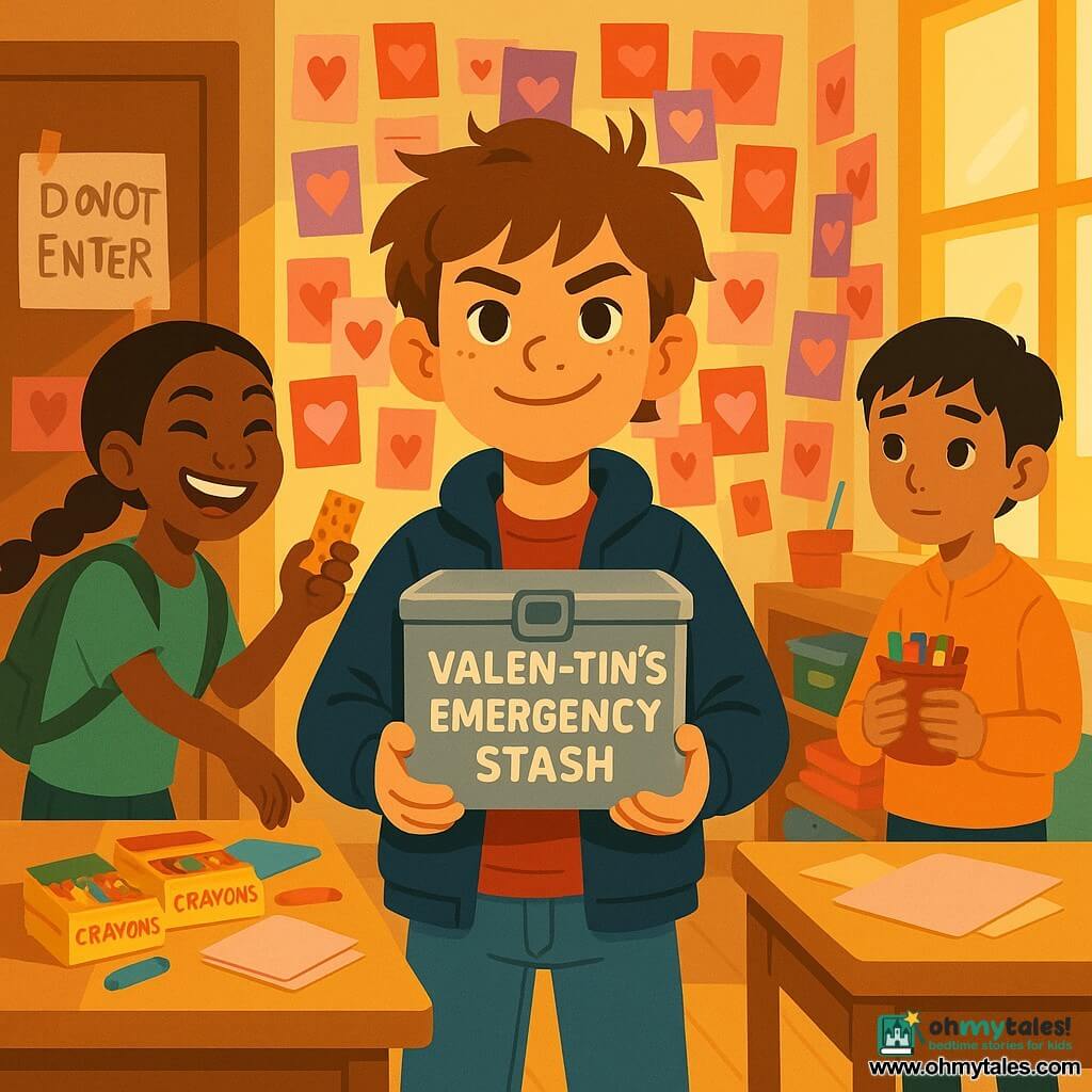 The main character is a determined, smiling 12-year-old boy with messy brown hair and light freckles, wearing a navy jacket and jeans, holding a shiny metal box labeled VALEN-TIN’S EMERGENCY STASH against his chest; beside him to the left is Jada, an energetic, mischievous 12-year-old girl with dark skin and a long braid, wearing a green backpack and offering a granola bar with a smile, and to the right near the window is Jun, a reserved, shy 12-year-old boy with short black hair holding a small pouch of colored pencils; the scene is a colorful classroom with Valentine’s Day cards on the wall, a table with packs of pencils and paper, messy shelves and a door scrawled with DO NOT ENTER, warm light from the window, children gathering and sharing pencils for Valentine’s Day, centered composition on the boy with the box, friendly expressions, bright palette of reds, pinks, yellows and blues, simple contrasting shapes, warm cooperative atmosphere.