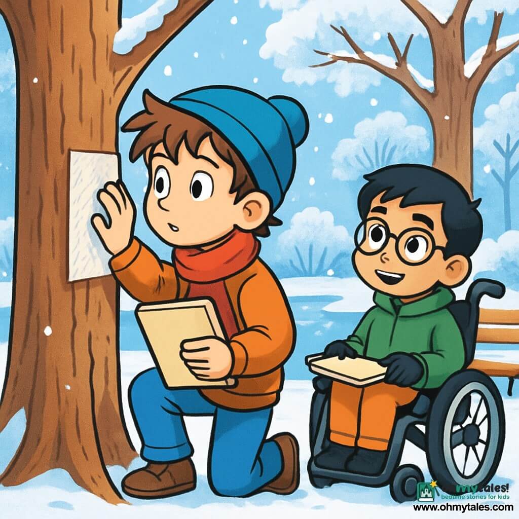 There are two main characters: Leo, a 10-year-old boy with messy brown hair, wearing a bright red scarf and a blue hat. He holds a sketchbook under his arm and is intently looking at a tree. Amir, also 10, has black hair and round glasses, dressed in a green jacket and black gloves. He sits in his wheelchair, smiling, and observes Leo with curiosity. The main setting is an enchanting winter park, with majestic trees covered in sparkling snow, frost-adorned wooden benches, and a frozen pond reflecting the light blue sky. Snowflakes gently fall, creating a magical atmosphere. The main situation shows Leo and Amir drawing winter textures in their sketchbooks, surrounded by the peaceful beauty of the park. Leo kneels by a tree to make a rubbing of the bark, while Amir attentively captures the scene, ready to share his own drawing.