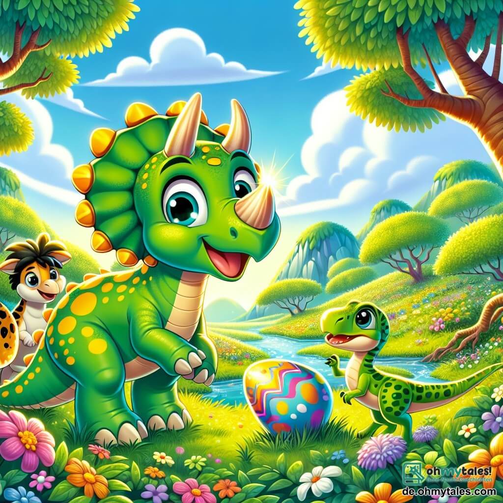 Ein junger Triceratops namens Tilli mit leuchtend grüner Haut und gelben Mustern steht fröhlich im Mittelpunkt des Bildes, seine großen Augen strahlen vor Aufregung und ein breites Lächeln ziert sein Gesicht. Neben ihm beugt sich eine kleine Brachiosaurus namens Bella mit langem Hals und braunen Flecken, um saftige Früchte von einem Baum zu pflücken, während ein schneller Velociraptor namens Rico mit grünen Federn und neugierigem Blick um sie herumläuft, bereit zu erkunden. Die Szenerie ist ein wunderschöner, grüner Talboden, gefüllt mit bunten Blumen, großen Bäumen mit dicken Stämmen und einem blauen Himmel, der mit flauschigen weißen Wolken übersät ist. Im Hintergrund funkelt ein Bach in der Sonne und verleiht der Szene einen Hauch von Magie. Die Hauptsituation zeigt Tilli und seine Freunde, die ein leuchtendes, buntes Ei entdecken, das in den Büschen versteckt ist, alle drei fasziniert und neugierig, bereit, gemeinsam ein neues Abenteuer zu erleben.