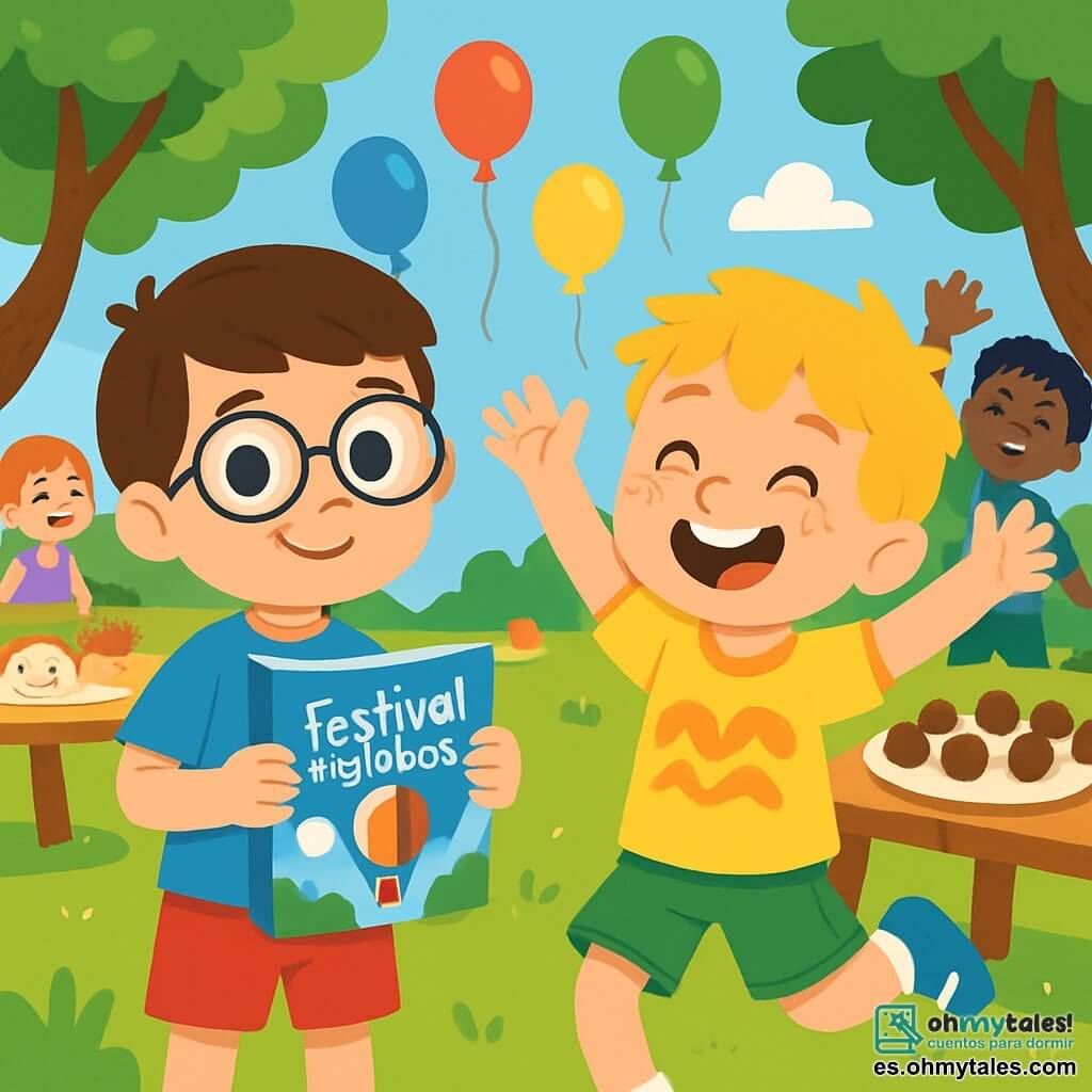 Hay 2 personajes principales: Tomás, un niño de 8 años con cabello castaño y gafas redondas, que lleva una camiseta azul con un dibujo de globo y un short rojo, de pie, sonriendo y sosteniendo un libro colorido sobre el festival de globos; y Lucas, un niño de 8 años con cabello rubio despeinado y pecas, que lleva una camiseta amarilla con motivos de samba y un short verde, al lado de Tomás, bailando alegremente con los brazos en alto. La escena se desarrolla en un parque soleado, lleno de grandes árboles de hojas verdes brillantes, con globos coloridos flotando en el cielo azul y mesas con deliciosos platillos como tacos y brigadeiros. Los niños ríen y juegan, creando una atmósfera festiva. La historia muestra a Tomás y Lucas, rodeados de amigos, compartiendo sus descubrimientos sobre culturas del mundo mientras preparan platos típicos, llenos de entusiasmo, riendo y bailando con sonrisas radiantes.