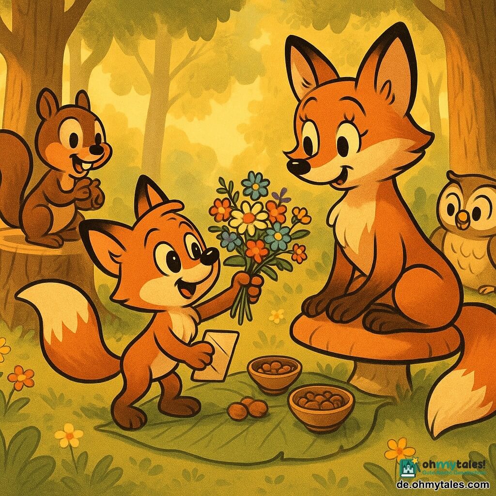 Die Szene zeigt Max, einen kleinen roten Fuchs, freudig und stolz mit einem Wildblumenstrauß und einer gefalteten Karte; seine Mutter, eine größere gerührte Fuchsin mit sanftem Lächeln, sitzt auf einem großen Pilz; Freund Ben, ein schelmisches braunes Eichhörnchen mit ein paar Haselnüssen, sitzt auf einem Baumstumpf links; Freundin Emma, eine beige Eule, sitzt auf einem niedrigen Ast; als Schauplatz dient eine sonnige Waldlichtung mit grüner Wiese, farbigen Blumen und einer großen Blattdecke als Tischdecke, mit Schalen voller Beeren und Nüsse; im Mittelpunkt die Übergabe von Strauß und Karte, die Freunde klatschen, warme Farben, sanfte Kontraste, runde Formen und dicke schwarze Konturen, zärtliche, festliche Stimmung.