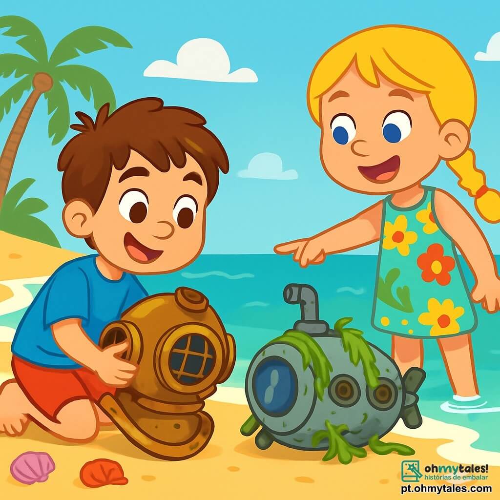 Há 2 personagens principais: - João: um garoto de 7 anos, com cabelo castanho bagunçado e olhos brilhantes de curiosidade. Ele usa uma camiseta azul e um short vermelho, e está agachado perto da água, segurando um velho capacete de mergulho. - Sofia: uma menina de 6 anos, com cabelo loiro trançado e um grande sorriso. Ela usa um vestido florido e está em pé ao lado de João, apontando para um pequeno submarino de metal coberto de algas. O cenário principal é uma praia ensolarada, com areia dourada brilhando sob o sol. As ondas suaves do oceano turquesa tocam a costa, enquanto conchas coloridas estão espalhadas pelo chão. Ao fundo, palmeiras balançam suavemente na brisa, e o céu é de um azul vibrante, salpicado de algumas nuvens brancas e fofas. A situação principal da história mostra João e Sofia descobrindo um antigo capacete de mergulho e um pequeno submarino, cheios de empolgação e curiosidade, prontos para explorar as maravilhas escondidas do fundo do mar.