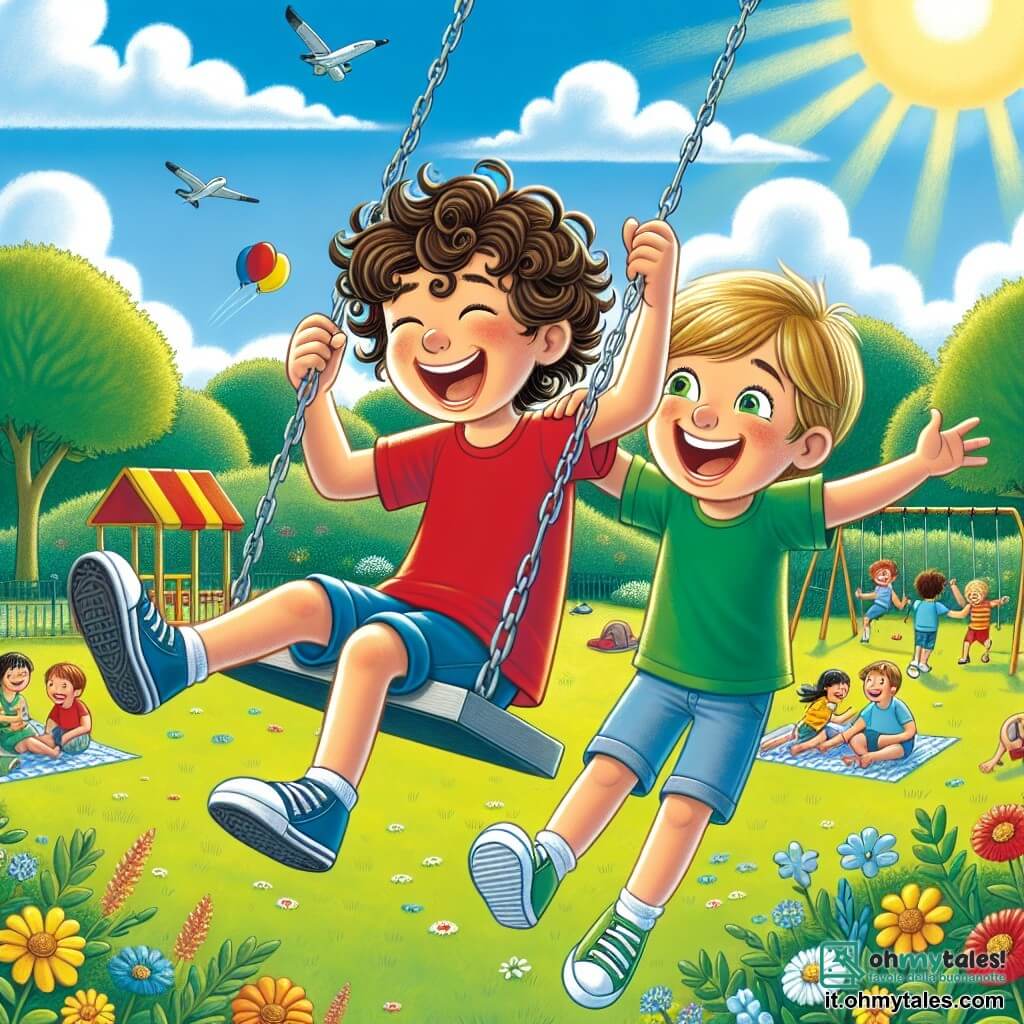 Due ragazzi, Luca e Marco, di 7 anni, sono al centro dell'immagine. Luca ha i capelli castani e ricci, indossa una maglietta rossa e pantaloni corti blu, sorridendo felicemente. Marco, con capelli biondi e lisci, è vestito con una maglietta verde e pantaloni corti gialli, ridendo mentre spinge Luca su un'altalena. Lo sfondo è un parco soleggiato, pieno di fiori colorati, grandi alberi verdi e un'area giochi vivace. Sullo sfondo, bambini giocano a palla e famiglie fanno picnic su coperte. Il cielo è blu con alcune nuvole bianche soffici. La scena principale mostra Luca sull'altalena, con le braccia alzate, mentre Marco lo spinge con entusiasmo. I due amici sono circondati da risate e gioia, catturando lo spirito delle vacanze estive.