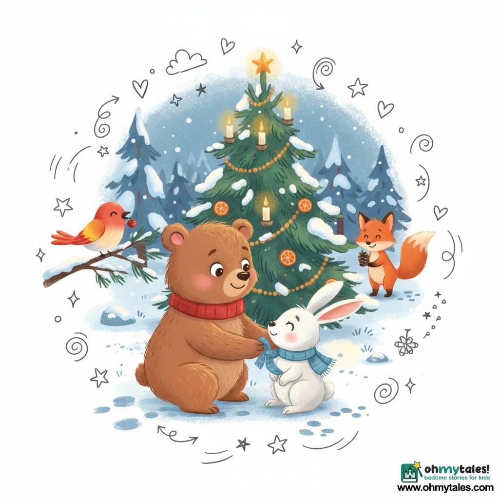 A chubby, smiling brown bear (main character) with textured fur and a small red scarf crouches, kindly offering a paw to help a white long-eared rabbit (secondary) wearing a blue scarf, relieved and grateful, as the bear unties a knot; a red-and-yellow bird perches on a left branch, bright-feathered and happy, holding a berry the bear has freed, while a small russet fox with a wagging tail stands in the background holding a pine cone gift, ready to go right; the scene is a snowy twilight clearing with snow-covered pines, animal tracks, dried orange garlands and safely placed candles on a large decorated central fir, warm and cool colors (soft blues, cream whites, touches of red and orange), felt-like textures and golden candlelight creating soft shadows, a cozy, centered composition with clear expressions and simple shapes suitable for toddlers.