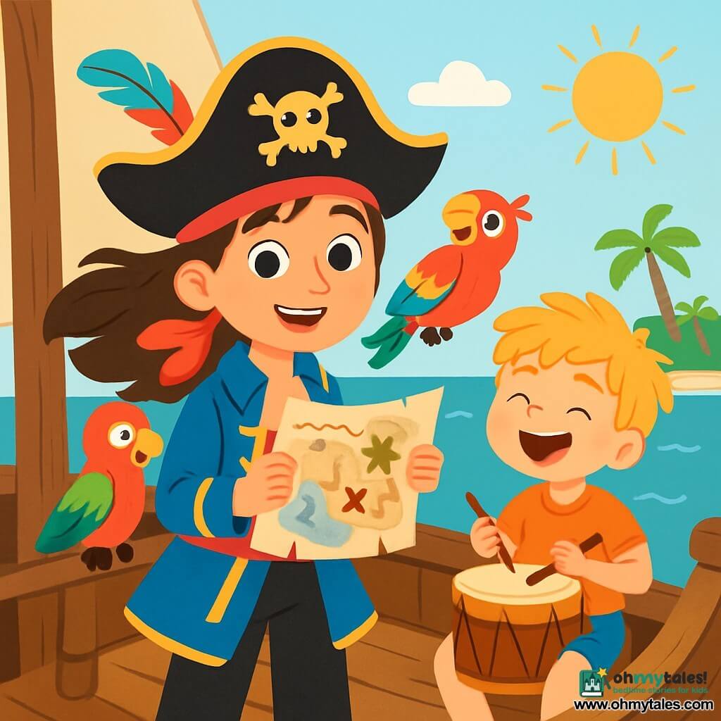 A young pirate woman, Captain Mira, smiling and determined, stands on the deck of her ship. She has long brown hair blowing in the wind, a pirate hat adorned with a colorful feather, and a scarf tied around her neck. Her eyes shine with excitement as she holds a treasure map in her hands. Next to her, Pip, a brightly colored red and green parrot, perches on her shoulder, chirping happily. Max, a ten-year-old boy with messy blonde hair, plays a wooden drum while sitting on the edge of the boat, laughing and keeping the beat enthusiastically. The boat sails on a calm sea, where gentle waves shimmer under the golden sun. In the background, lush islands outline the horizon, with dancing palm trees. The main scene shows Captain Mira and her crew in the midst of an adventure, ready to explore hidden treasure, surrounded by laughter and joy, with the wind blowing through their hair.