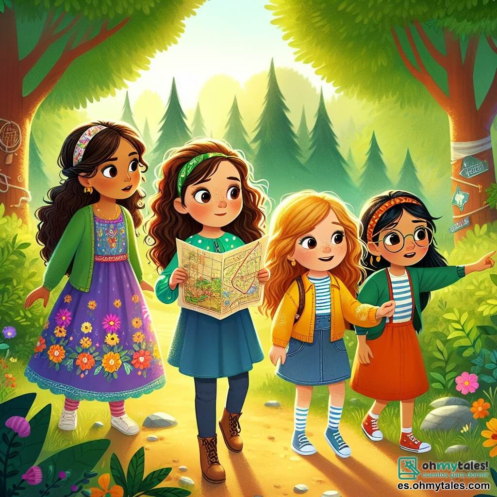En un claro de un bosque encantado, cuatro chicas están de pie, listas para la aventura. Sofía, de 10 años con cabello rizado y castaño, lleva un vestido colorido con flores y sostiene un mapa antiguo. Lucía, también de 10 años, tiene cabello rubio y gafas redondas, viste una camiseta amarilla y observa el paisaje con emoción. Marina, de 9 años con cabello liso y negro, lleva un overol de mezclilla y mira a su alrededor con curiosidad. Clara, la más intrépida, tiene 11 años, cabello rojo y una trenza, viste una sudadera verde y señala un camino misterioso entre los árboles. El lugar es un claro luminoso con grandes árboles y flores de colores. En el centro, las chicas están frente a un gran árbol majestuoso, donde un dragón de escamas brillantes las observa con amabilidad, listo para revelarles el secreto del valioso huevo dorado que buscan.