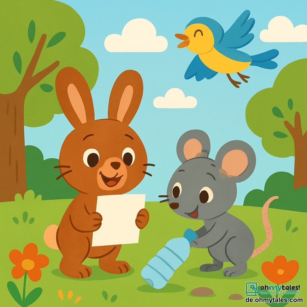 Ein kleiner Hase namens Leo mit großen Ohren und weichem, braunem Fell ist fröhlich und entschlossen. Er hält ein Stück Papier in seinen Vorderpfoten und lächelt stolz. Neben ihm sammelt eine kleine Maus namens Lina mit grauem Fell und neugierigen Augen eine Plastikflasche auf und zeigt einen begeisterten Gesichtsausdruck. Ein bunter Vogel, Pia, mit gelben und blauen Federn, fliegt über ihnen und singt fröhlich, mit freudig ausgebreiteten Flügeln. Der Ort ist ein grüner Park mit großen Bäumen, bunten Blumen, die im Wind tanzen, und einem hellblauen Himmel mit flauschigen weißen Wolken. Auf dem Boden sorgen frisches Gras und kleine Steine für Textur. Die Hauptsituation zeigt Leo, Lina und Pia, die gemeinsam den Park sauber machen, Müll aufsammeln und dabei lächeln, umgeben von der Schönheit der Natur und der Bedeutung des Umweltschutzes.