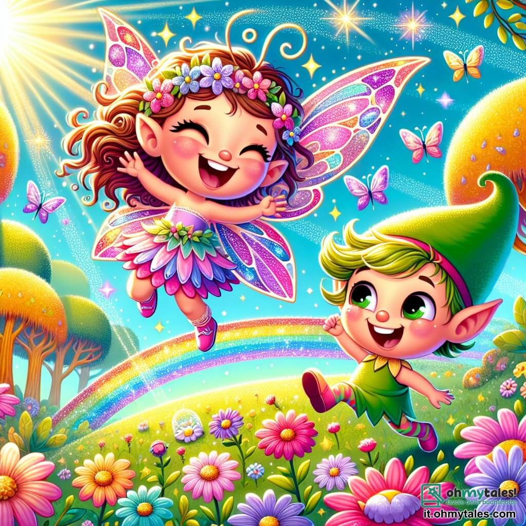 Una piccola fata di nome Lilla, con ali scintillanti nei colori vivaci di rosa e viola, esprime una gioia éclatante sul suo viso. Vola felicemente sopra un campo di fiori multicolori, con i suoi capelli ricci che fluttuano nel vento. Accanto a lei, un piccolo folletto di nome Piumino, indossando un cappello a punta verde e un sorriso malizioso, salta di gioia, con gli occhi scintillanti di felicità. Lo sfondo è un magnifico boschetto soleggiato, con alberi dai tronchi dorati e foglie brillanti, mentre un arcobaleno radioso si disegna nel cielo azzurro. La scena mostra Lilla e Piumino che ridono insieme, circondati da gocce di pioggia scintillanti che si trasformano in lampi di luce, simboleggiando la magia delle emozioni che cambiano.