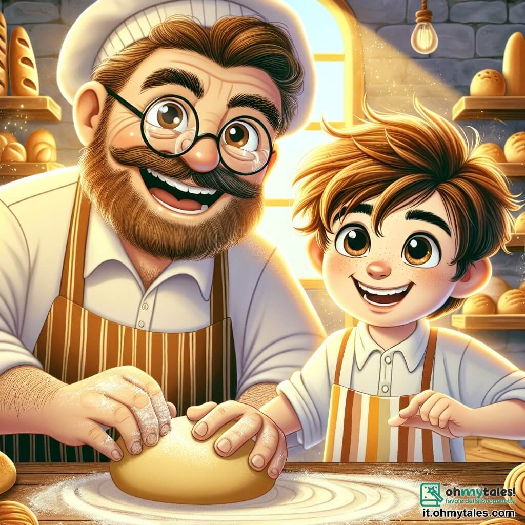Un panettiere felice, Giovanni, un uomo di circa cinquant'anni con barba castana e occhiali rotondi, sorride ampiamente mentre impasta una pasta dorata. Indossa una camicia bianca e un grembiule a righe, e i suoi occhi brillano di felicità mentre lavora nel suo forno. Accanto a lui, Marco, un ragazzino di dieci anni con capelli castani disordinati e occhi curiosi, osserva attentamente. Indossa un piccolo grembiule troppo grande per lui e cerca di imitare Giovanni impastando una palla di pasta. Il forno è caldo e accogliente, con scaffali in legno pieni di pani dorati e deliziose brioche. Raggi di luce filtrano dalle finestre, illuminando la farina nell'aria e creando un'atmosfera magica. La scena mostra Giovanni e Marco che preparano insieme il pane, condividendo risate e gioia, mentre il dolce profumo del pane fresco riempie l'aria.
