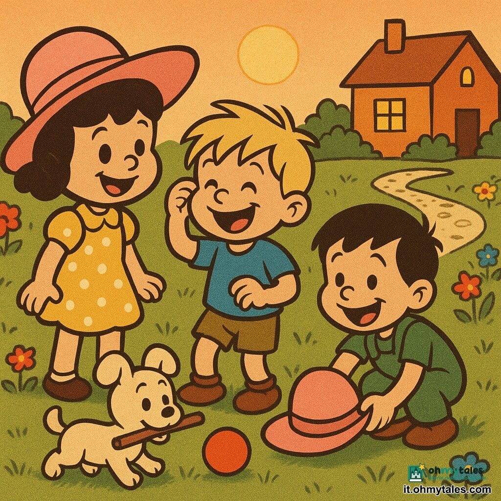 Quattro personaggi: Lila, 3 anni, capelli castani corti con un fiocco rosa, vestito giallo a pois bianchi, a sinistra con un grande cappello rosa in testa che sorride; Tom, 3 anni, capelli biondi spettinati, maglietta blu e pantaloncini kaki, al centro che ride toccando il bordo del cappello troppo grande; Manu, 3 anni, capelli neri, salopette verde, a destra accovacciato con il cappello sui piedi che ride guardando gli altri; e Puf, un cagnolino peloso crema con grandi orecchie tonde davanti ai bambini che scodinzola e tiene un bastone in bocca. Ambientazione: giardino al tardo pomeriggio con erba verde, fiori colorati, un viale di pietre bianche, cielo aranciato, luce calda e ombre lunghe, casa con finestra illuminata sullo sfondo. Situazione: i tre bambini giocano con lo stesso grande cappello rosa e un pallone rosso che rimbalza sull'erba; scena gioiosa e tranquilla, composizione centrata, colori caldi e contrastati, tratti morbidi, espressioni leggibili, atmosfera tenera e divertente in stile cartoon retrò "rubber hose".