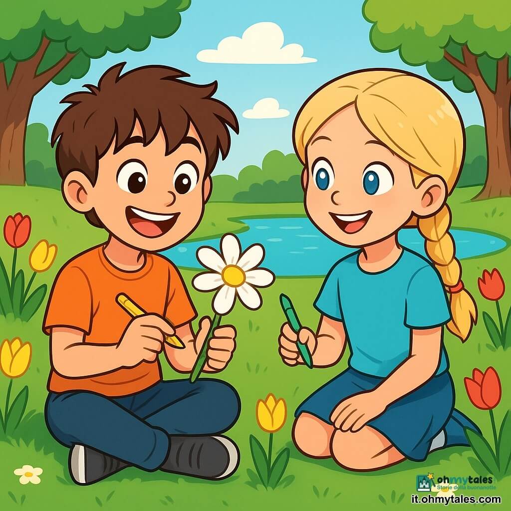 Un ragazzo di 10 anni, Mattia, con capelli castani in disordine e occhi scintillanti di curiosità, è seduto sull'erba verde del parco. Ha un ampio sorriso sul volto mentre disegna una margherita con petali bianchi brillanti e un cuore giallo vivo. Accanto a lui, la sua migliore amica Giulia, una ragazza di 10 anni con capelli biondi intrecciati e occhi blu, osserva il suo disegno con ammirazione, tenendo anche una matita colorata. Il parco è pieno di fiori colorati, con tulipani rossi e gialli che danzano nel vento, e un laghetto scintillante che riflette il cielo azzurro. La scena mostra Mattia e Giulia che condividono un momento gioioso, sussurrando desideri ai fiori mentre ridono, circondati dalla bellezza splendente della primavera.