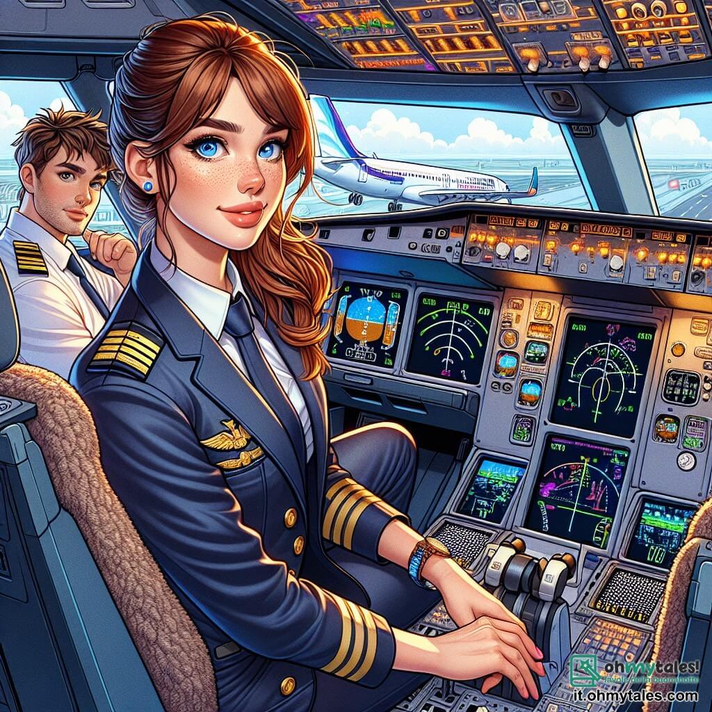 Una pilota, Sofia, è seduta nel cockpit di un Airbus A320, con un grande sorriso sicuro sul volto. Indossa una divisa da pilota blu scuro, con spalline dorate che brillano alla luce del cockpit. I suoi capelli castani sono raccolti in una coda di cavallo ordinata e i suoi occhi brillano di eccitazione. Accanto a lei c'è Marco, un uomo di circa 30 anni, il secondo pilota. Ha i capelli castani disordinati e indossa occhiali. Guarda lo schermo di controllo con un'espressione concentrata, pronto ad aiutare Sofia. Il cockpit è pieno di pulsanti colorati, schermi luminosi e quadranti lampeggianti, offrendo una vista panoramica sul cielo blu attraverso il grande oblò. All'esterno, nuvole bianche e soffici fluttuano attorno all'aereo, mentre un cielo soleggiato si estende a perdita d'occhio. La situazione principale mostra Sofia e Marco che ricevono un messaggio dalla torre di controllo che annuncia una tempesta sulla loro rotta. Sofia, con uno sguardo determinato, si prepara a prendere una decisione cruciale per garantire la sicurezza di tutti i passeggeri.