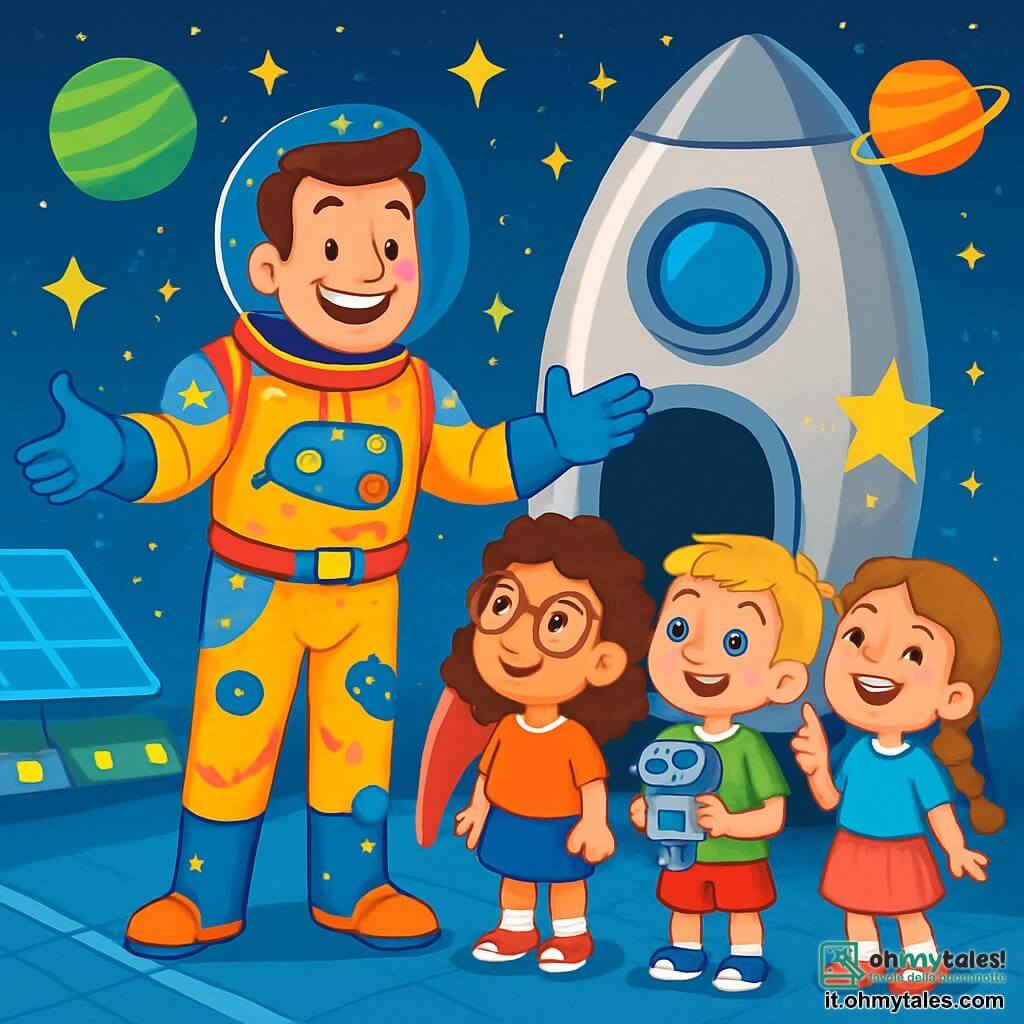 Un uomo, il Capitano Leo, sorridente e sicuro di sé, indossa una tuta spaziale brillante dai colori vivaci, con stelle e pianeti disegnati. Si trova davanti a un grande veicolo spaziale argentato, con le braccia aperte, pronto ad accogliere i bambini a bordo. Accanto a lui ci sono tre bambini: una ragazza di 8 anni con capelli ricci e occhiali, che osserva meravigliata il veicolo; un ragazzo di 7 anni, con capelli biondi e occhi brillanti, che tiene un piccolo robot giocattolo; e un'altra ragazza di 6 anni, con una treccia e un sorriso radioso, che indica le stelle nel cielo. Il luogo è una piattaforma di atterraggio futuristica, circondata da luci scintillanti e pannelli solari, con sullo sfondo un cielo stellato e pianeti colorati. La scena principale mostra il Capitano Leo che spiega con entusiasmo ai bambini come imbarcarsi, mentre ridono e si meravigliano davanti all'immensità dell'universo che li attende.
