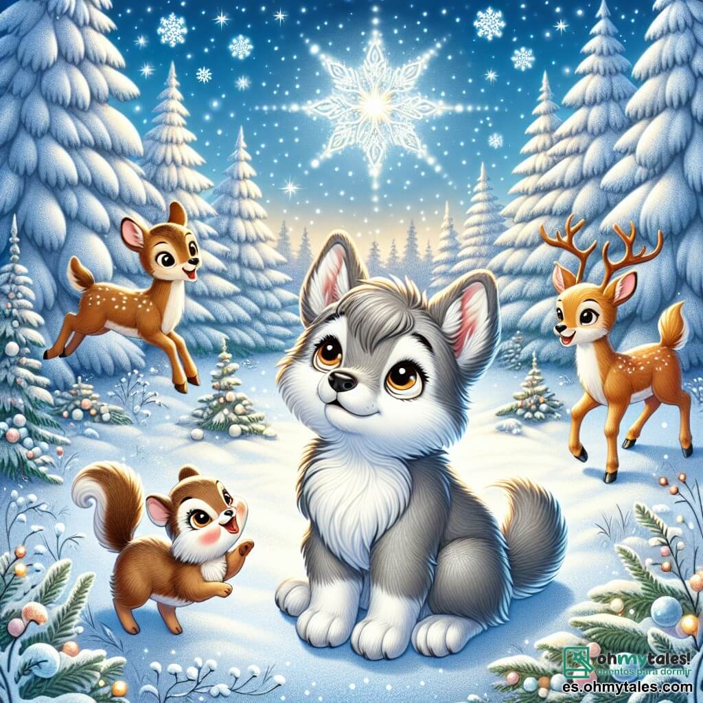Un pequeño lobo llamado Lupi, con un suave pelaje gris y ojos brillantes de curiosidad, se encuentra en el centro de un claro en un bosque nevado, sonriendo con asombro mientras mira una brillante estrella de nieve en el cielo. A su derecha, un pequeño ciervo llamado Dany, con pelaje marrón y grandes ojos dulces, salta de alegría, sus astas delicadas brillando bajo la luz de la nieve. A la izquierda, una alegre ardilla llamada Sofía, con un pelaje rojo vivo y una cola esponjosa, danza alrededor de Lupi, llena de energía y felicidad. El lugar es un hermoso claro de bosque, rodeado de majestuosos árboles cubiertos de nieve brillante, con copos de nieve cayendo suavemente del cielo azul claro. La escena está llena de magia y alegría, capturando el espíritu del invierno. La situación principal muestra a Lupi y sus amigos cantando juntos, sus rostros iluminados por la luz de la estrella de nieve, celebrando la magia del invierno y la importancia de la amistad.