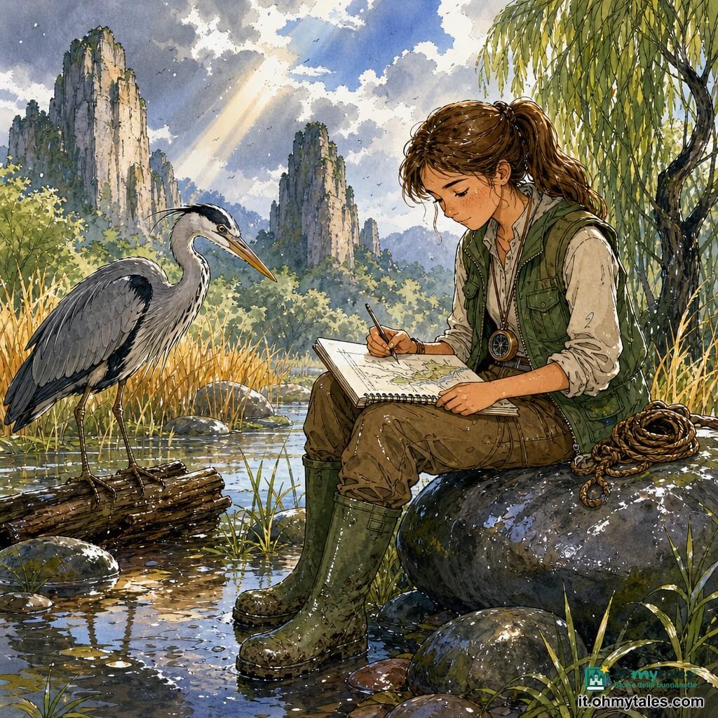 Esploratrice giovane, Elena, viso lentigginoso e coda di cavallo castana, concentrata e serena seduta su una pietra liscia a disegnare una mappa su un taccuino in grembo, con gilet verde consumato, stivali di gomma infangati, bussola di ottone al collo e una cordicella arrotolata accanto; a sinistra un grande airone grigio con le ali semi-chiuse la osserva curioso su un tronco bagnato vicino a una pozza riflettente; luogo: prato umido con erba lucida di rugiada, zone di palude e canne dorate, pietre lisce a formare una radura, pilastri rocciosi sullo sfondo e alcuni salici chinati; scena dopo una pioggia breve, raggi di sole tra le nuvole, aria scintillante e gocce ancora perlate sulle pietre, atmosfera calma e luminosa.
