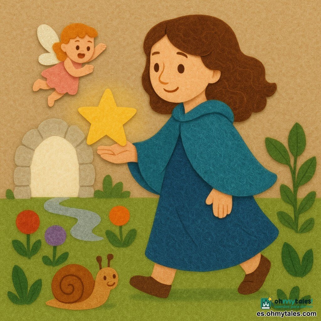 Mujer adulta llamada Lía, rostro dulce y sonrisa serena, ojos brillantes y cabello castaño ondulado, lleva una capa azul de fieltro y sostiene en la palma una pequeña estrella amarilla cálida que ilumina un jardín secreto; un hada niña muy pequeña con alas translúcidas con purpurina y vestido rosa vuela a la altura del hombro aplaudiendo; un caracol macho minúsculo con concha ocre-marrón en primer plano junto a los pies mira la luz con expresión agradecida; césped verde recortado en formas simples, flores redondas multicolores de fieltro, un riachuelo plateado estilizado y hojas grandes con bordes recortados; una pequeña puerta lunar nacarada, enmarcada en piedras suaves y abierta como un halo detrás de Lía; composición centrada, colores cálidos y contrastados, texturas de fieltro visibles, formas simples y legibles para un niño pequeño.