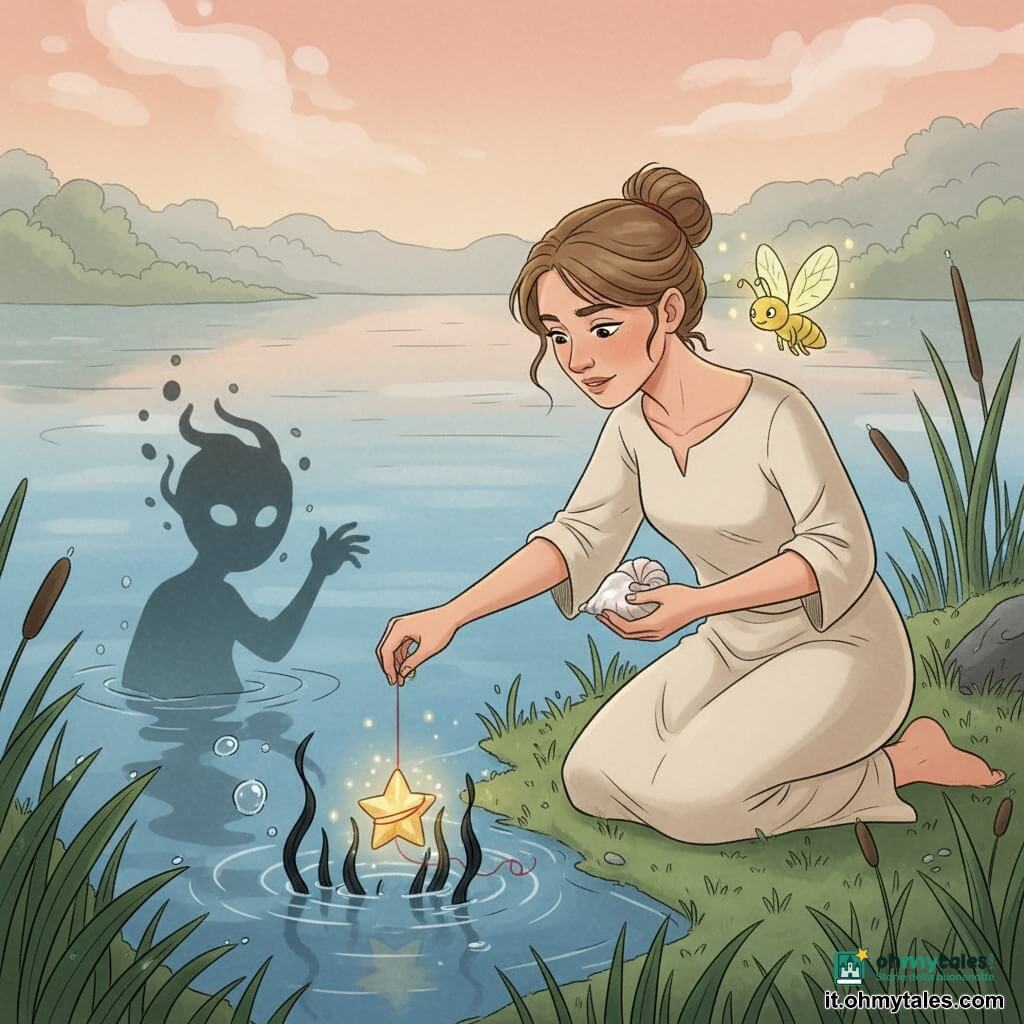 Una donna (Livia) dal viso dolce e sguardo calmo, capelli castano chiaro raccolti in un morbido chignon, espressione determinata e tenera, è inginocchiata sul bordo del lago; una mano tiene una piccola conchiglia nacrée brillante, l’altra è tesa verso una minuscola stella caduta. Una lucciola giallo‑verde svolazza vicino alla sua spalla destra, dall’aspetto malizioso e protettivo. La stellina, grande come una biglia, emette una calda luce color dorato, è intrappolata tra alghe nere sotto la superficie, trema e scintilla debolmente. Un’ombra scura e vaporosa dai contorni sfumati, con occhi come ciottoli bagnati, si ritrae nell’acqua ribollente, minacciosa ma fragile. Il lago al mattino è specchio azzurro con riflessi pesca, rive d’erba umida cosparse di rugiada, alghe scure ondeggianti, leggera bruma sulla superficie. Scena principale: atmosfera tenera e leggermente drammatica in cui la donna, calma e coraggiosa, usa la conchiglia e un sottile filo rosso legato alla stella per liberarla dalle alghe; la luce della lucciola e della conchiglia illumina volti e bolle sott’acqua. Stile: linee chiare, colori pastello con accenti dorati, texture di tessuto e acqua visibili, atmosfera fiabesca e rasserenante.