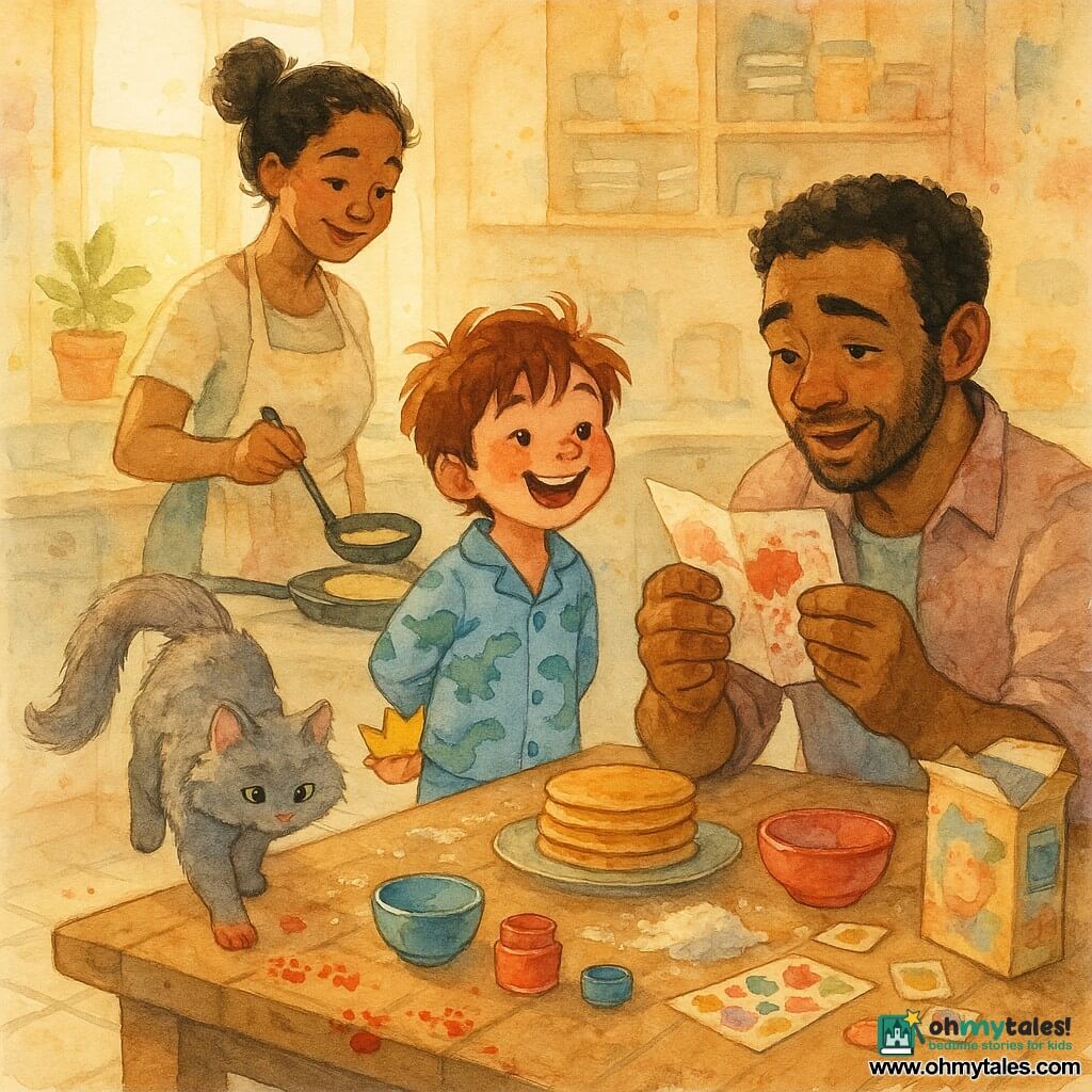 A joyful, slightly feverish 6-year-old boy with messy brown hair in blue dinosaur pajamas hides a small yellow paper crown behind his back while a gentle mother in a flour-dusted apron and bun pours pancake batter into a pan on the left; a surprised, moved father with stubble in a casual shirt sits on the right reading a crumpled, paint-stained card with little paw prints; a fluffy gray cat, Captain Whiskers, with red paint on one paw leaves bright red paw prints on the wooden table; the warm sunny kitchen has light tiled floors, a flour-covered table with bowls, stickers, open paint pots and a cereal box, and the scene centers on the giving of the card and discovery of the treasure basket—father reading emotionally, boy proud, mother smiling, family atmosphere sweet and joyful.