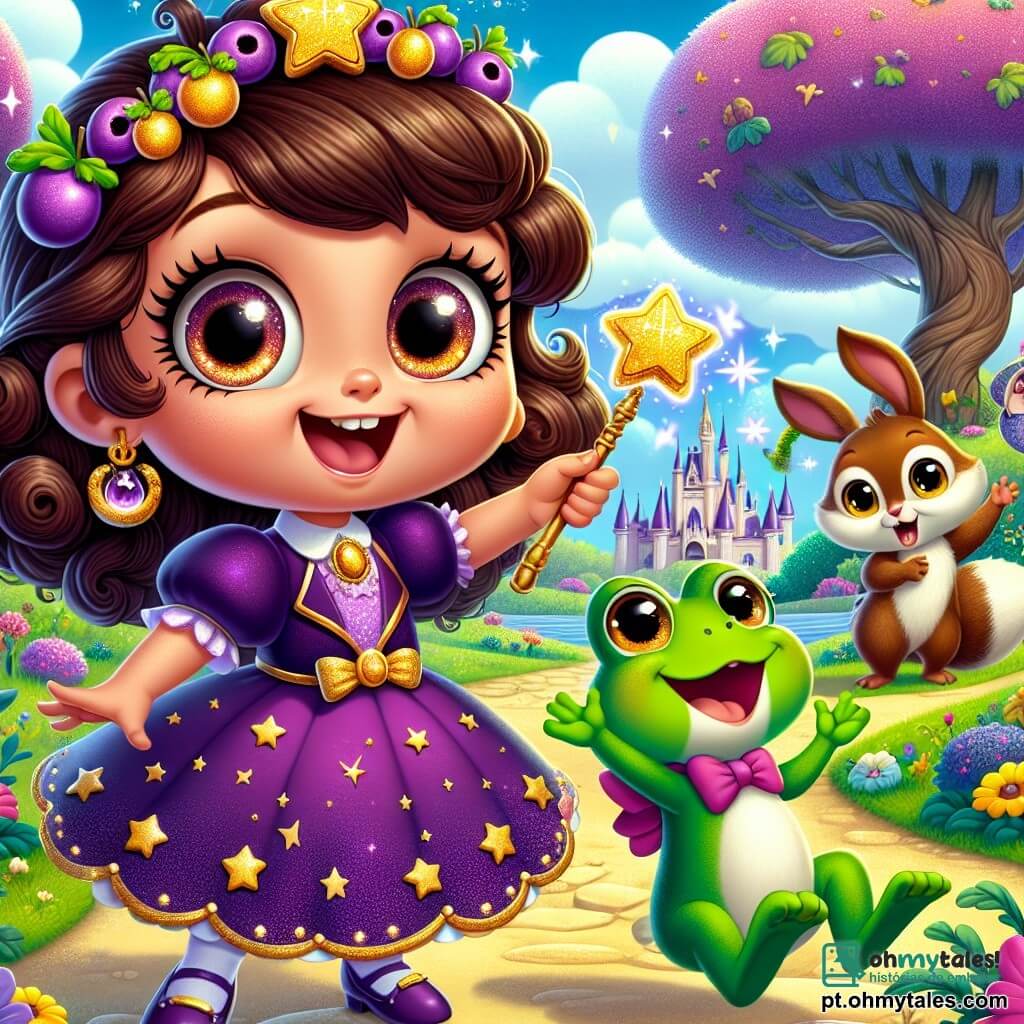 No centro da imagem, uma pequena aprendiz de bruxa chamada Lila, de seis anos, com grandes olhos brilhantes e cabelos cacheados castanhos, sorri entusiasticamente. Ela usa um vestido roxo adornado com estrelas douradas e segura uma varinha mágica em forma de graveto, fazendo um gesto de magia. Ao lado dela, o Sapo Sorridente, um pequeno sapo verde com um grande sorriso, salta alegremente, seus olhos redondos brilhando de travessura. Ao fundo, vemos Mimi, uma coelhinha de grandes orelhas e pelagem branca, que observa com admiração, e Tico, um esquilo de pelagem marrom, que aplaude com empolgação. O cenário é um parque mágico de Brilholândia, cheio de flores coloridas que dançam ao vento, árvores de troncos tortos e um céu azul brilhante salpicado de nuvens em forma de doces. Ao longe, uma grande árvore gigante se ergue majestosa, adicionando um toque de mistério ao ambiente. A cena principal mostra Lila realizando um feitiço para transformar sua vassoura em um veículo mágico, enquanto o Sapo Sorridente a incentiva com gestos entusiasmados, e os amigos Mimi e Tico observam maravilhados, prontos para viver uma aventura incrível.
