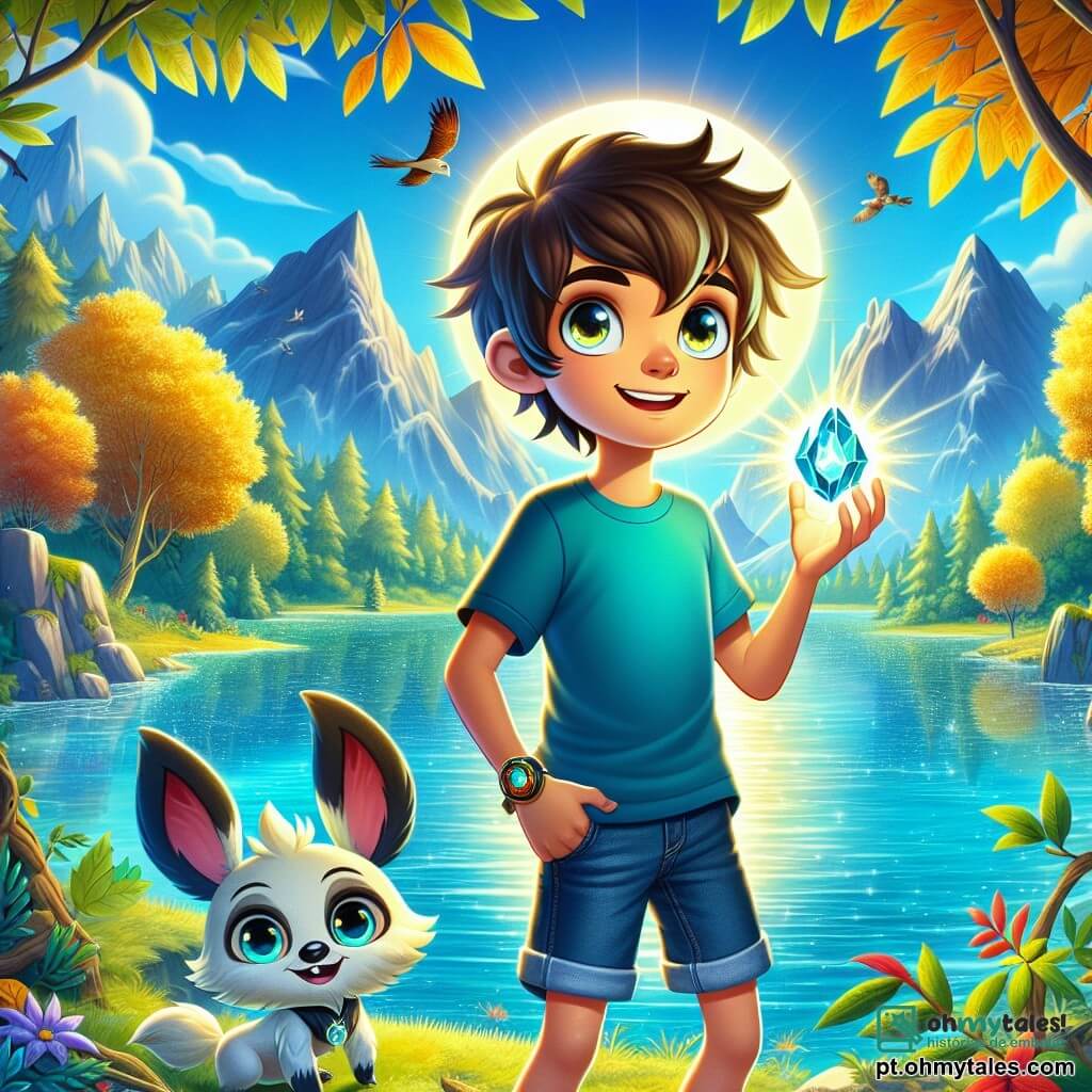 Um garoto de 12 anos, Lucas, está à beira de um lago cristalino, com os olhos brilhando de excitação e determinação. Ele tem cabelos castanhos bagunçados, uma camiseta azul viva e um short de jeans. Em sua mão, ele segura uma pedra brilhante que emite uma suave luz, simbolizando sua coragem. Ao seu lado, um travesso porquinho chamado Tico, um animal da floresta, com grandes orelhas e olhos brilhantes, observa Lucas com admiração. Tico está sentado sobre suas patas traseiras, pronto para ajudá-lo nesta aventura. Ao fundo, o lago brilha sob o sol, cercado por montanhas majestosas e florestas verdejantes. Árvores com folhas douradas dançam suavemente ao vento, enquanto pássaros coloridos voam no céu azul. A situação principal mostra Lucas e Tico se preparando para enfrentar um desafio misterioso, enquanto uma criatura sombria, Nocturnus, se ergue diante deles, desafiando-os a resolver um enigma para salvar o Reino das Sombras.