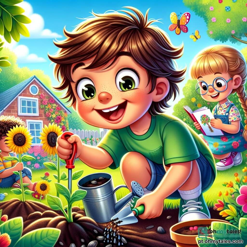 Um menino de 6 anos, Lucas, com cabelos castanhos bagunçados e olhos brilhantes de alegria, está agachado em uma horta verdejante, segurando uma pequena pá de plástico. Ele sorri amplamente, com as bochechas rosadas de excitação, enquanto planta uma semente de girassol na terra negra e fértil. Ao lado dele, uma menina de 6 anos, Ana, com cabelos loiros trançados e um vestido florido, observa atentamente, segurando um regador cheio de água. Ao fundo, um menino de 6 anos, Miguel, com óculos redondos e uma camiseta verde, desenha flores em um caderno, sentado na grama macia. O lugar é uma horta comunitária ensolarada, repleta de plantas luxuriantes, flores vibrantes e borboletas voando ao redor. A cena principal mostra Lucas e seus amigos se divertindo plantando sementes e aprendendo sobre plantas, cercados por risos e cores vivas.