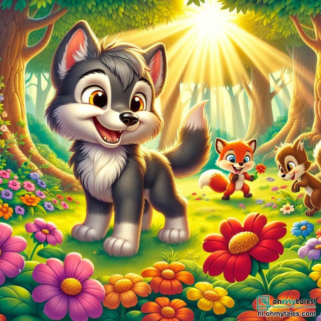 Een kleine wolf genaamd Lupo, met een grijze vacht en nieuwsgierige ogen, staat vrolijk in het midden van een zonnige open plek, omringd door kleurrijke bloemen. Hij glimlacht breed, met zijn oren rechtop, terwijl hij de mooie bloemen bewondert die om hem heen bloeien. Aan zijn rechterkant danst een slimme vos genaamd Vicky, met een stralende rode vacht en ondeugende ogen, op haar achterpoten, vol energie en enthousiasme. Aan zijn linkerkant springt een ondeugend eekhoorntje genaamd Squeaky, met een lichtbruine vacht en een pluizige staart, vrolijk terwijl hij een kleine bloem in zijn voorpootjes houdt, zijn gezicht verlicht door vreugde. De plek is een groene open plek, verlicht door gouden licht, omringd door majestueuze bomen waarvan de bladeren beginnen te bloeien. Multicolore bloemen bedekken de grond, en zonnestralen filteren door de takken, waardoor een magische en lentachtige sfeer ontstaat. De hoofdscène toont Lupo en zijn vrienden die de komst van de lente vieren, omringd door bloemen, dansend en lachend samen, klaar om een groot feest te organiseren ter ere van de schoonheid van de herboren natuur.