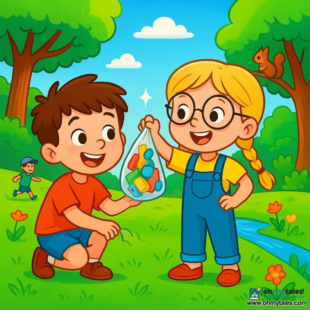A 6-year-old boy, Max, with messy brown hair and sparkling curious eyes, is crouched on the green grass of the park, a big smile on his face, holding a plastic bag filled with colorful litter he just picked up. Next to him, his best friend Emma, a 6-year-old girl with braided blonde hair and round glasses, encourages him by holding up a shiny piece of trash she found, her face beaming with pride. The park is a sunny place filled with majestic trees with bright green leaves, colorful flowers, and a small stream sparkling under the sun. Children are playing in the distance, and a curious squirrel watches them from a branch. The main scene shows Max and Emma cleaning the park, surrounded by their friends, all smiling and engaged in a joyful mission to protect nature, while the clear blue sky adds a touch of happiness to their adventure.