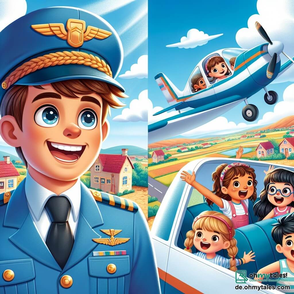 Die Hauptfigur, ein Mann namens Max, ist ein lächelnder Pilot, gekleidet in einer blauen Uniform mit einer glänzenden Mütze. Er hat braune Haare und funkelnde Augen vor Aufregung, während er in seinem kleinen Flugzeug steht, bereit zum Abheben. Im Inneren des Flugzeugs sind mehrere Kinder anwesend: Lisa, ein 8-jähriges Mädchen mit langen blonden Haaren und einer Brille, schaut fasziniert aus dem Fenster, während Emma, ein 9-jähriges Mädchen mit braunen Zöpfen, lächelt und die Arme in die Luft hebt, als wäre sie auf einer Achterbahn. Leo, ein 7-jähriger Junge mit zerzausten schwarzen Haaren, lacht laut und hält sich fest an seinem Sitz. Der Schauplatz ist ein strahlend blauer Himmel, durchzogen von weißen Wolken und der hellen Sonne, mit einem malerischen kleinen Dorf darunter, wo man bunte Felder und Häuser mit roten Dächern sehen kann. Die Hauptsituation zeigt Max, den Piloten, der sein kleines Flugzeug mit den aufgeregten und fröhlichen Kindern an Bord zum Abheben bringt, bereit für ihr erstes Abenteuer in den Lüften.