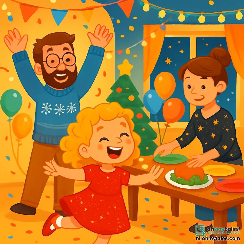 Een klein meisje van 6 jaar, met prachtige gouden krullen en een stralende glimlach, danst vrolijk in een kamer versierd voor Oud en Nieuw. Ze draagt een sprankelende rode jurk met glitters die schitteren onder de lichten. Haar ogen stralen van opwinding en geluk. Naast haar staat haar papa, een man van in de dertig met een zachte baard en ronde bril, die zijn armen in de lucht steekt, lachend van trots en vreugde. Hij draagt een blauwe trui met sneeuwvlokmotieven. Haar mama, een glimlachende vrouw van in de dertig met kastanjebruin haar in een knot, decoreert de tafel met kleurrijke borden en ballonnen. Ze draagt een feestelijke blouse met gouden sterren. De kamer is gevuld met glinsterende slingers, kleurrijke ballonnen en een grote tafel in het midden, vol heerlijkheden en confetti. Helder licht verlicht de ruimte en creëert een warme en feestelijke sfeer. Het meisje, vol energie, draait rond met haar armen wijd open, klaar om Oud en Nieuw te vieren met haar familie, omringd door gelach en geluk.