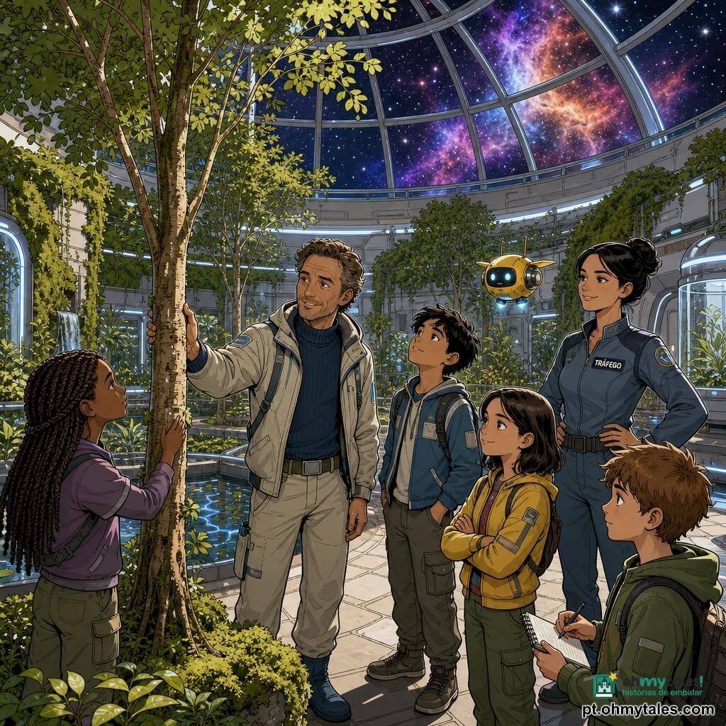 Duarte, cerca de 40 anos, rosto sereno com cabelos castanhos grisalhos, veste uma roupa espacial leve aberta sobre um suéter e sorri enquanto estende a mão para um pequeno tronco; Lia, ~30 anos, pele clara, cabelo preso em coque e uniforme com crachá "TRÁFEGO", está recuada à direita, mãos nos quadris, atenta; quatro crianças (11–13 anos, dois meninos e duas meninas) cercam Duarte — uma menina de tranças toca o tronco, um rapaz alto olha maravilhado para o céu, outra menina sorri com os braços cruzados e um menino segura um caderno — todas curiosas; ao fundo um pequeno drone atrás de Lia emite luz amarela suave; o local é uma grande cúpula transparente chamada Zona Verde com plantas reais: árvores de troncos finos, musgo nas paredes, caminhos de pedra claros e espelhos d'água que refletem néons, e pela janela vê‑se um anel de nebulosa no espaço; cena calma e acolhedora em luz dourada, centrada em Duarte ensinando cuidado e respeito, expressões suaves e cores naturais com toques tecnológicos.
